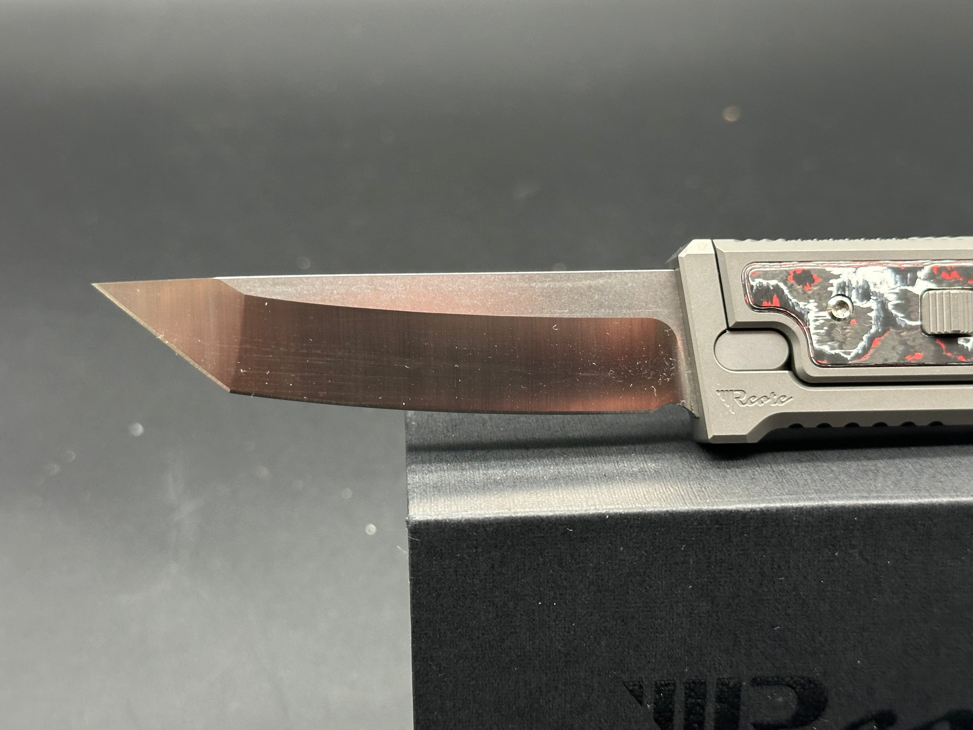 Reate EXO-M Folding Knife - Grey Titanium Frame with Red Marble Fat Carbon Inlays, Tanto Elmax Blade - EDC Pocket Knife for Outdoor, Camping & Everyday Carry