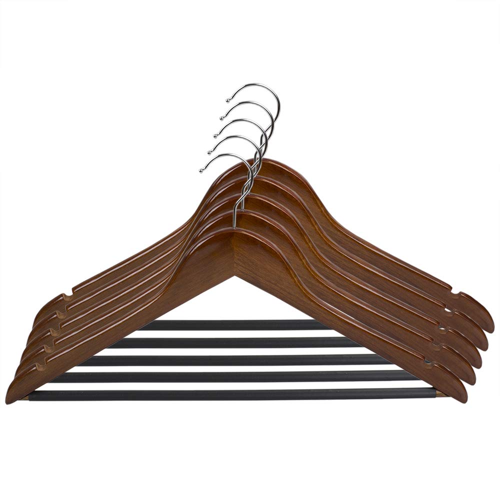 Premium 5-Pack Solid Oak Wooden Hangers with Non-Slip Pants Bar - 360° Swivel Hook & Smooth Finish for Jackets, Pants & Dresses | Ideal for Closet Organization & Luxury Wardrobe Storage