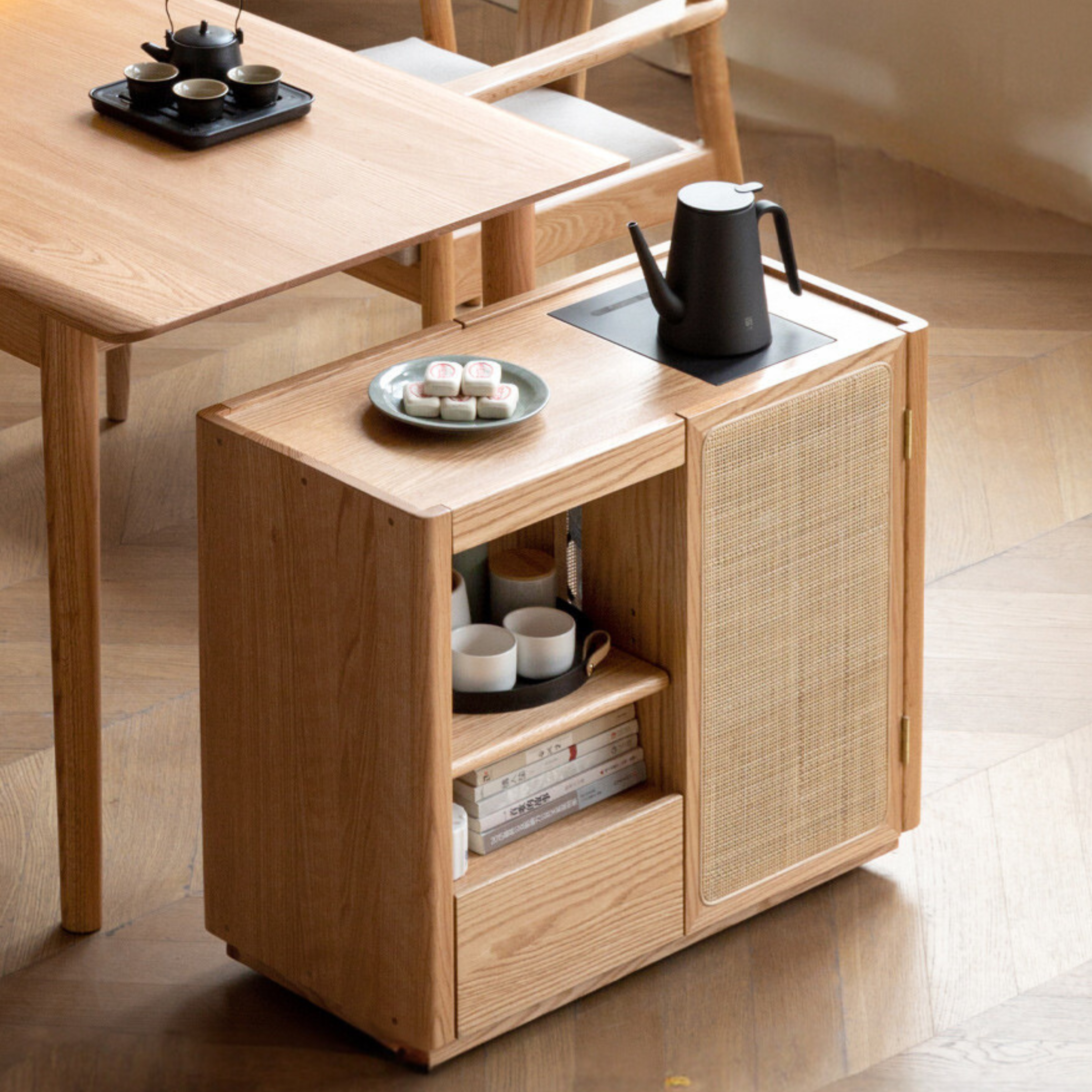 Solid Oak and Ash Wood Tea Maker Mobile Side Cabinet - Portable Side Table for Living Room, Bedroom, or Office