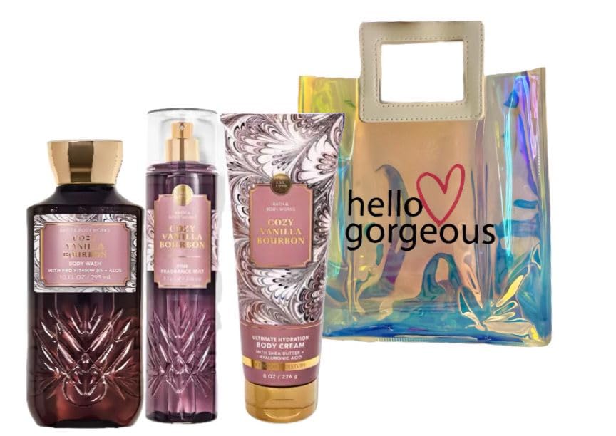 Bath & Body Works Cozy Vanilla Bourbon 3-Piece Gift Set - Body Spray, Body Cream & Shower Gel (Full Size) with Hello Gorgeous Gift Bag - Perfect for Self-Care, Gifts & Relaxing Bath Time