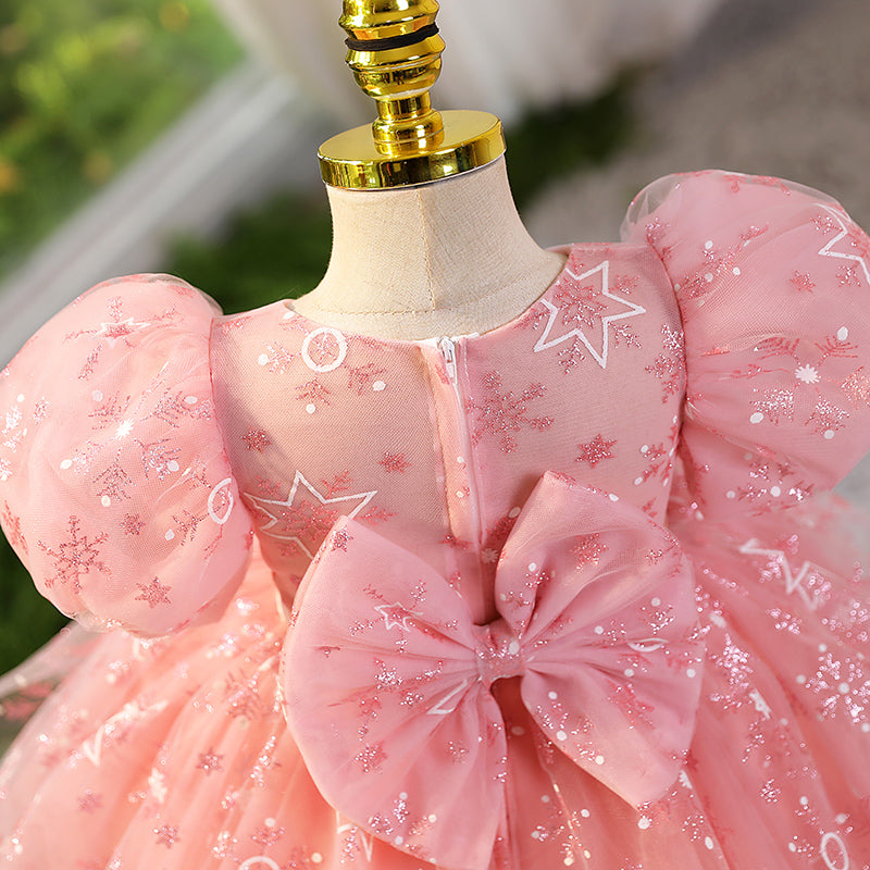 Sparkly Pink Sequin Flower Girl Dress with Puff Sleeves - Elegant A-Line Design for Weddings, Parties & Special Occasions
