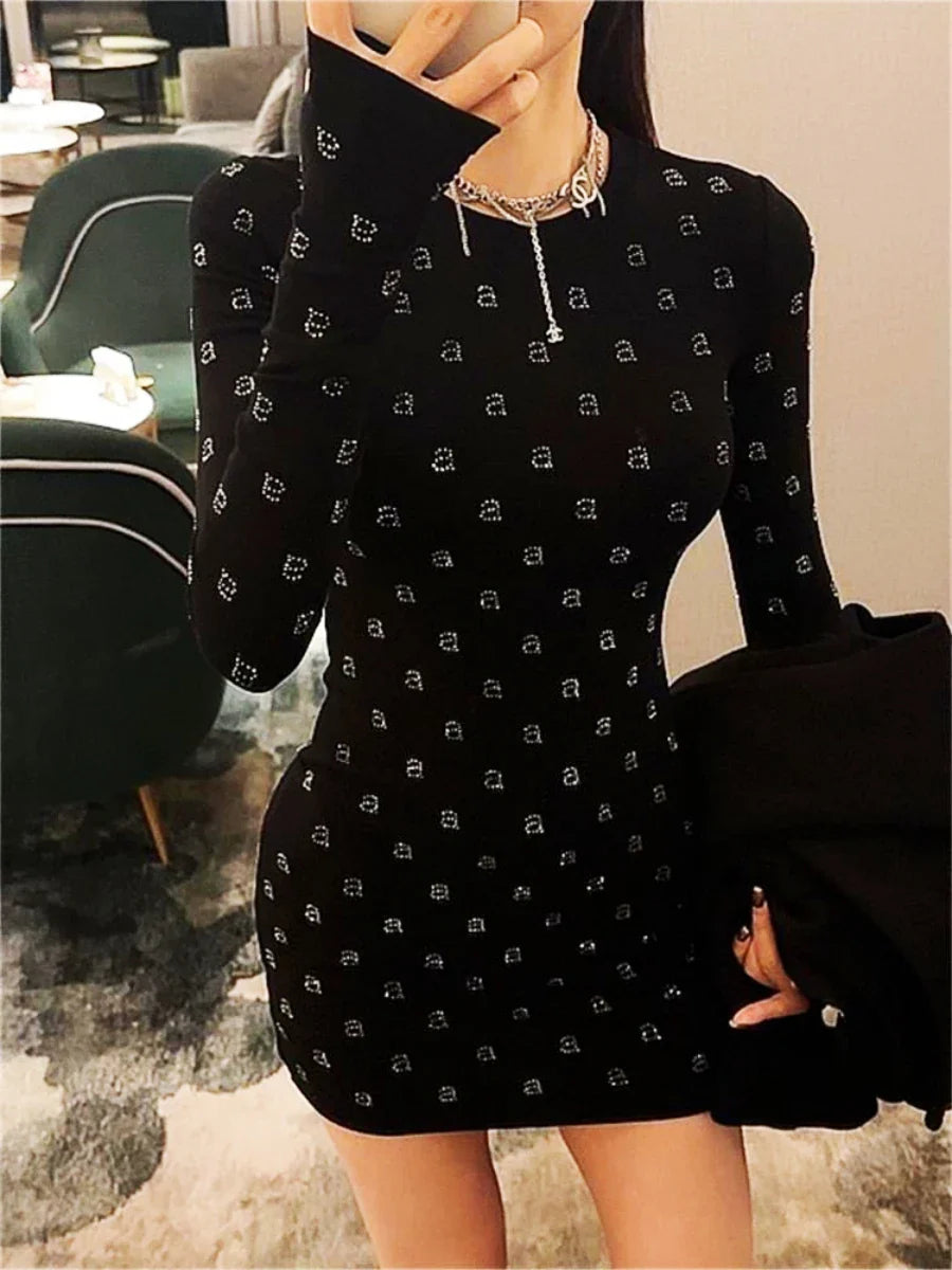 AW Wang Diamond Letter Slim Fit Stretch Black Long Sleeve Mini Dress for Women | Elegant Evening Party Cocktail Dress | Perfect for Night Out, Date Night & Special Occasions