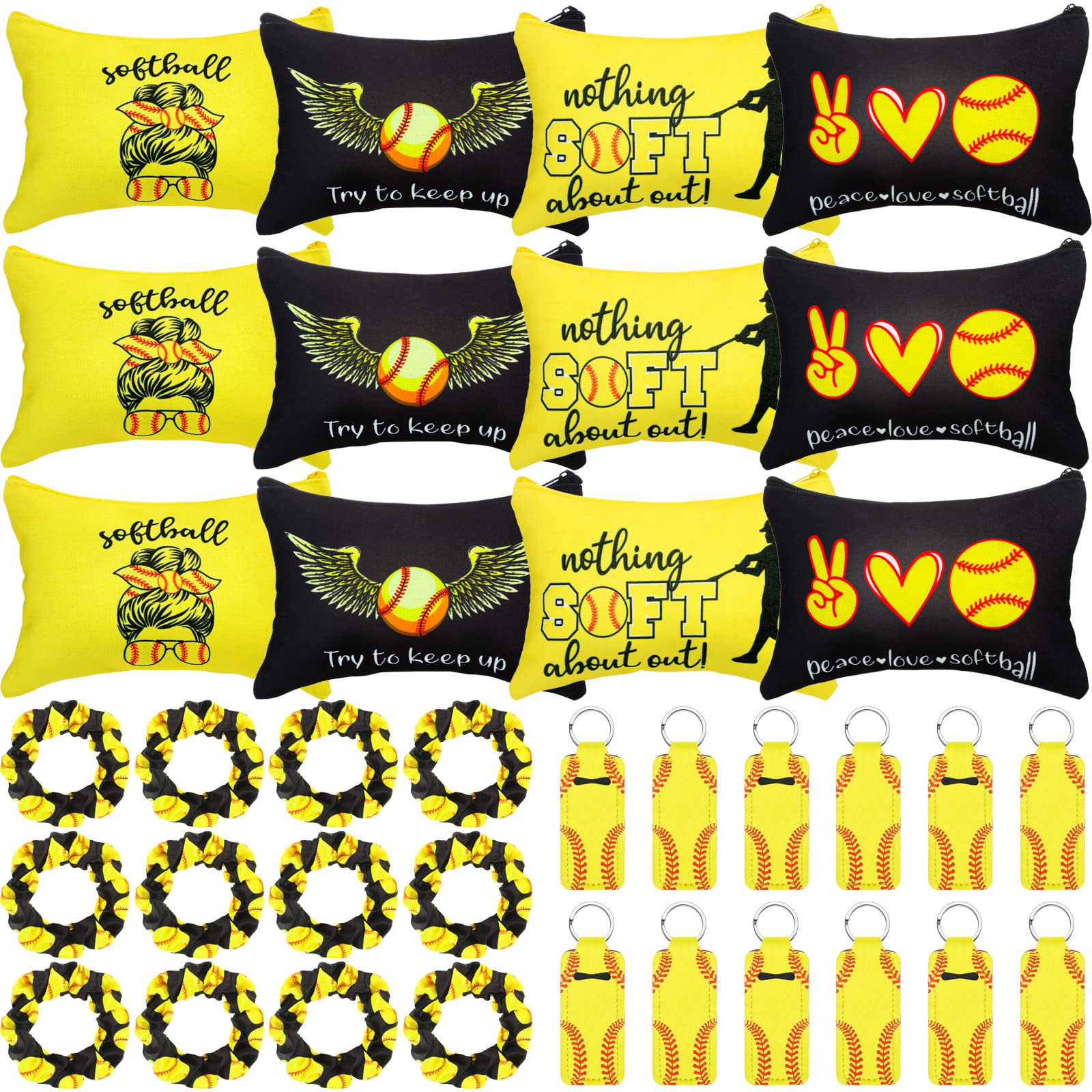 **36 Pcs Softball Gift Set for Teen Girls - Makeup Bags, Cosmetic Pouches, Sport Hair Scrunchies & Lipstick Holders - Perfect for Party Favors, Team Gifts & Game Day Essentials**