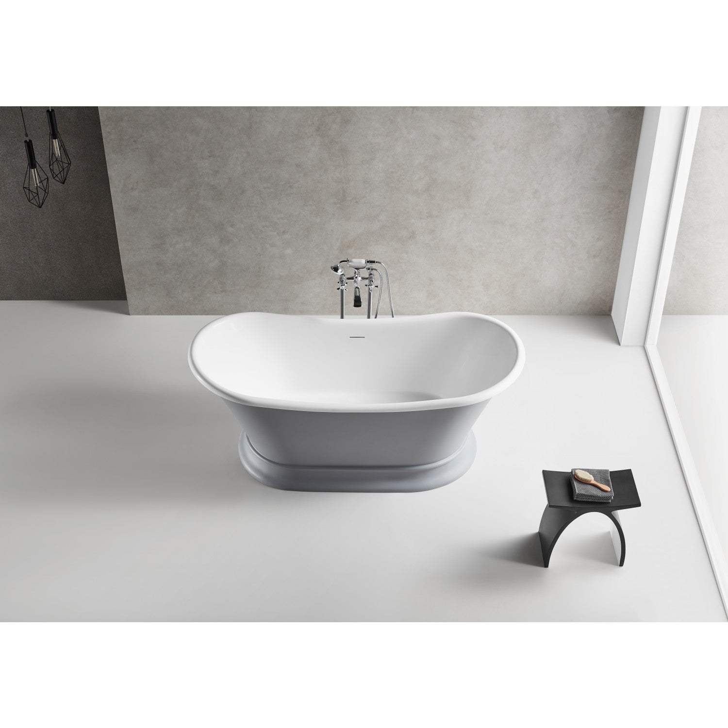 Arcticstone 68 Inch Solid Surface Oval Double Slipper Pedestal Bathtub - Matte Gray/Glossy White Freestanding Soaking Tub with Drain (No Faucet Holes) | Perfect for Luxury Bathrooms, Spa Retreats & Master Suite Relaxation