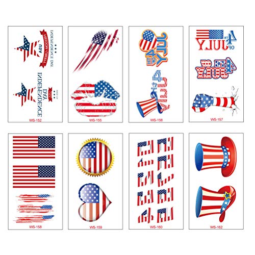 16-Piece VALICLUD Patriotic Temporary Tattoos - USA Flag & 4th of July Body Art Stickers for Face, Arms & Legs - Perfect for Independence Day Parties, Festivals & Patriotic Events