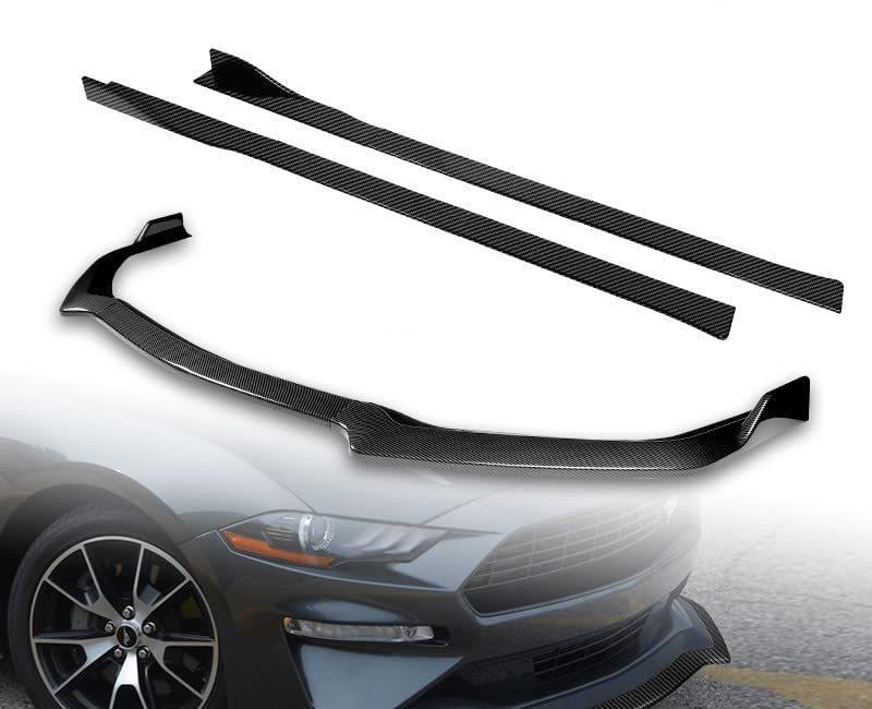 HYPERSPEED Carbon Fiber Look Front Bumper Spoiler Lip & Side Skirt Extension Kit for 2018-2023 Ford Mustang Coupe - 9PCS ABS GT-Style Body Kit with Rocker Panel Splitter & Diffuser (86