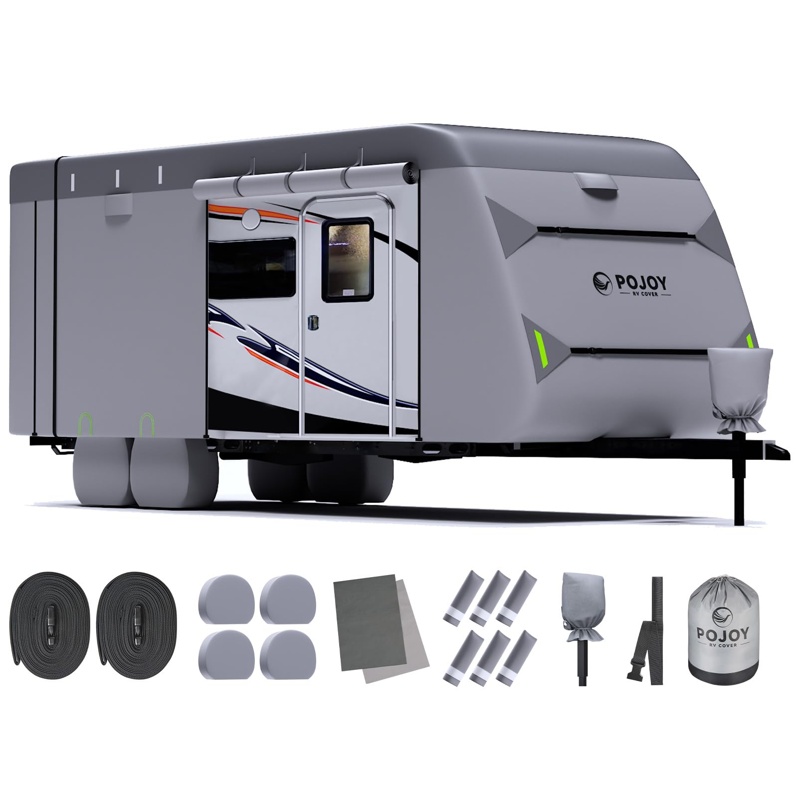 Heavy Duty Waterproof Windproof RV Travel Trailer Cover - 600D Oxford Fabric Camper Cover with Anti-Rip & UV Protection - Includes Tongue Jack Cover, Tire Covers & Gutter Covers - Fits 22'1