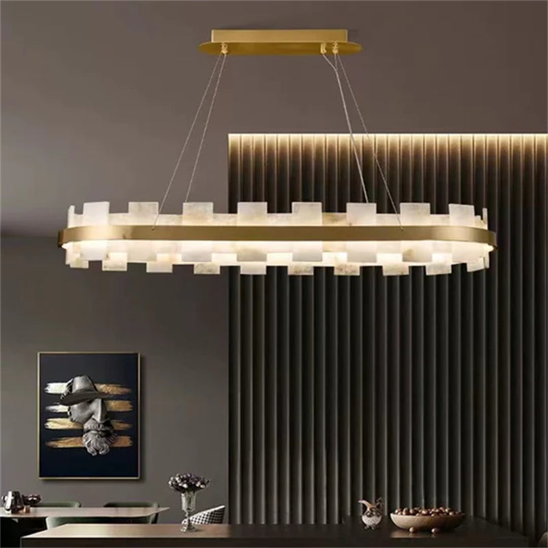 Modern Round Alabaster Chandelier - Elegant Crystal Ceiling Light Fixture for Living Room, Dining Room, Bedroom & Foyer - Merlin Anita Collection
