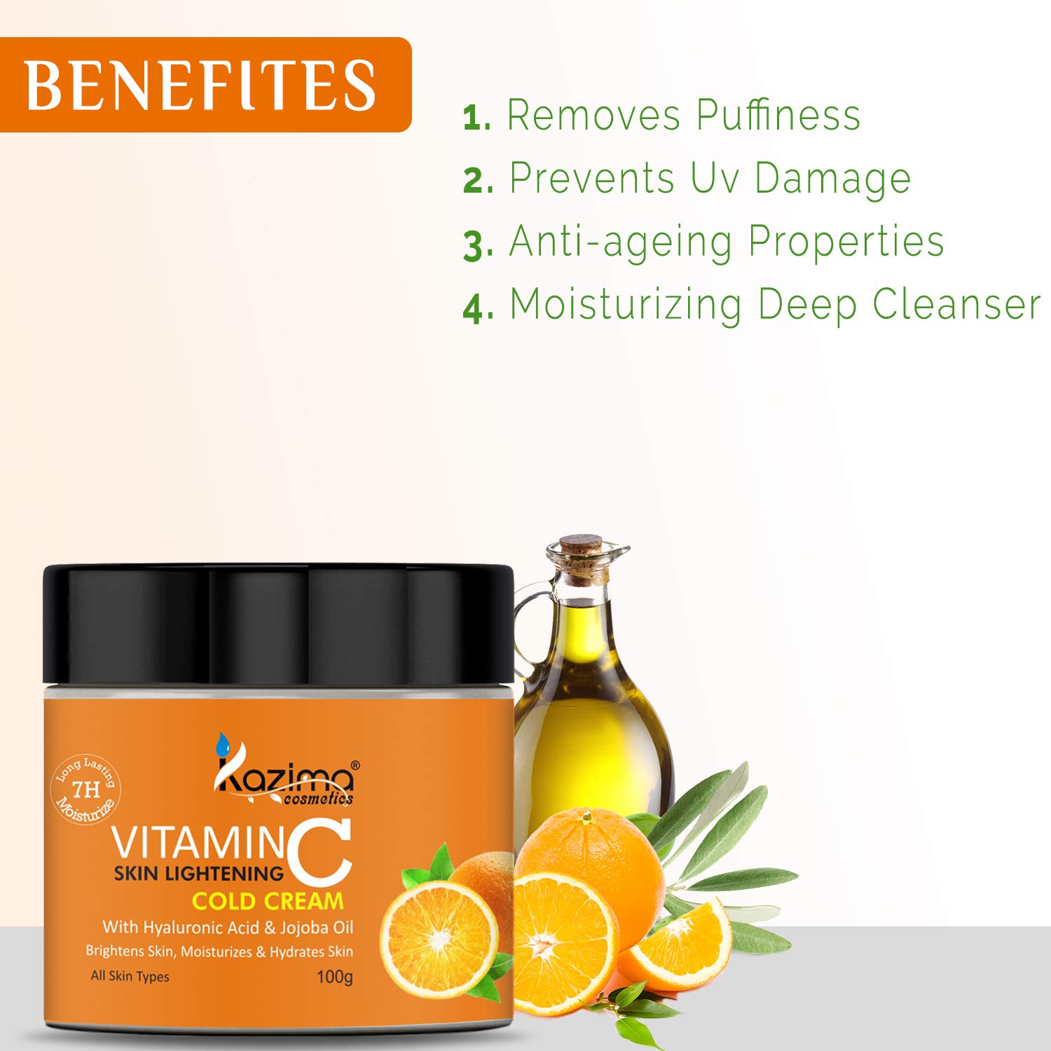 KAZIMA Vitamin C Skin Brightening Cold Cream (100g) with Hyaluronic Acid & Jojoba Oil - Dark Spot Corrector, Moisturizing Face Cream for Glowing Skin - Day & Night Use for Dry, Dull & Uneven Skin Tone