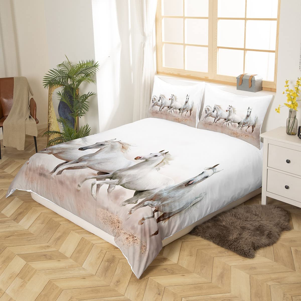 **Feelyou Boys Duvet Cover Set Twin - 3D Galloping Steeds Print Microfiber Comforter Cover for Kids & Teens, Wildlife Animal Bedding Set, Soft & Durable White Horse Design - Perfect for Bedrooms, Dorms, and Gift Giving**