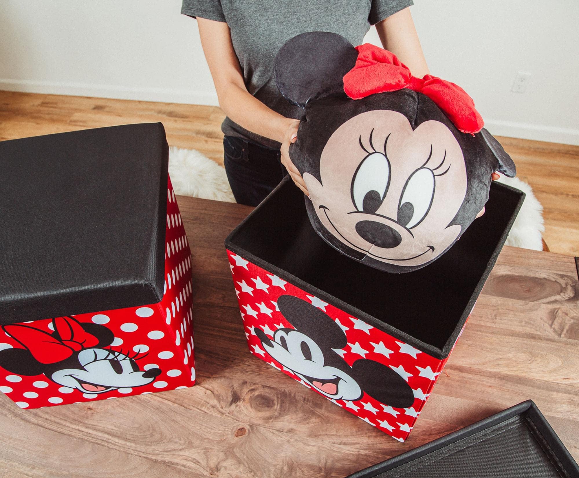 Disney Mickey & Minnie 15-Inch Fabric Storage Bins with Lids - Set of 2 | Closet Organizer Cubes, Playroom Storage Baskets, Home Decor | Perfect for Kids' Room, Toy Storage & Gift Organization