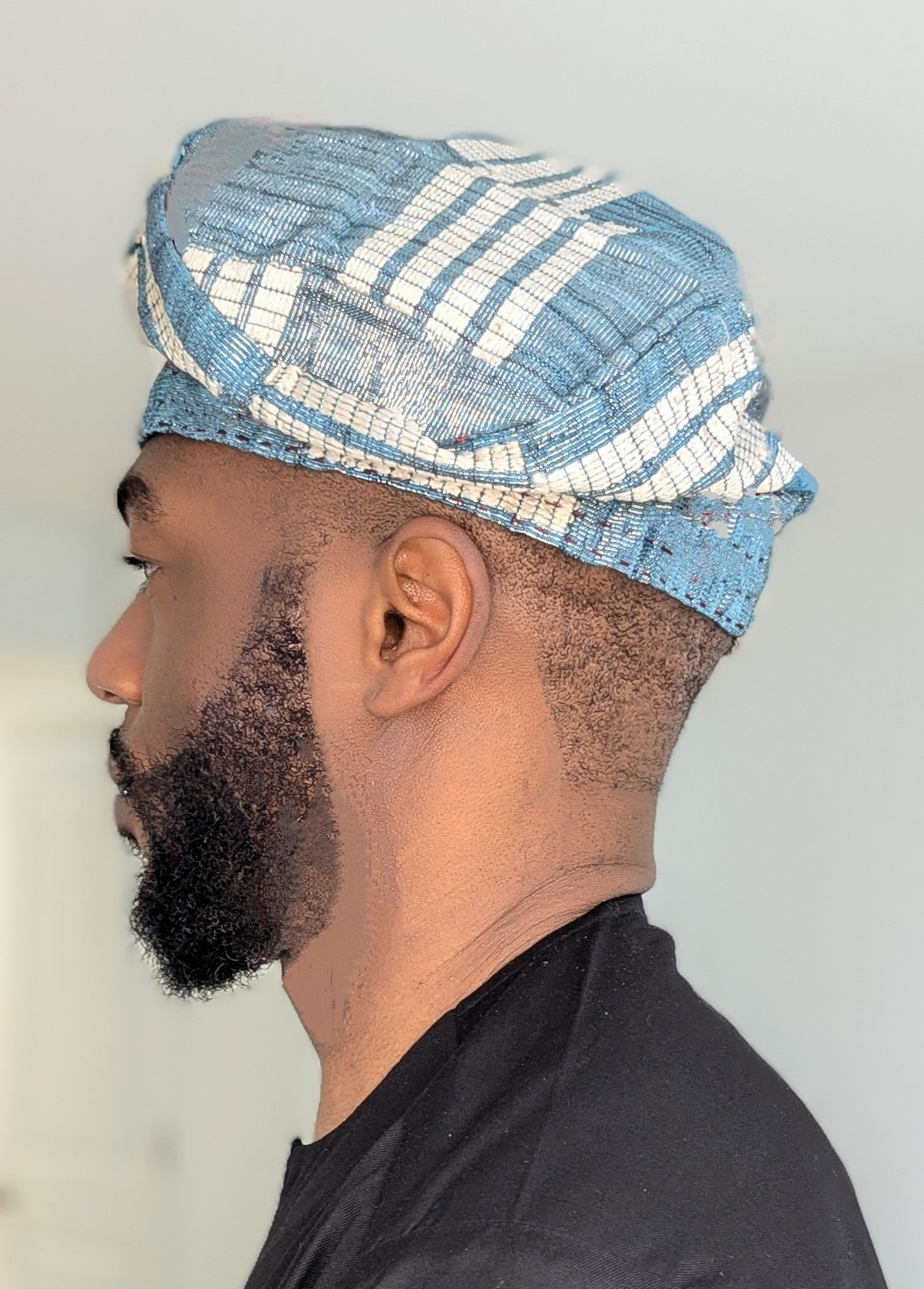 Light Blue & Beige Aso Oke Otunbayo Fila Kufi Hat for Men - Traditional Nigerian Cap for Weddings, Parties & Cultural Events - Dupsie's DPHAHBB4