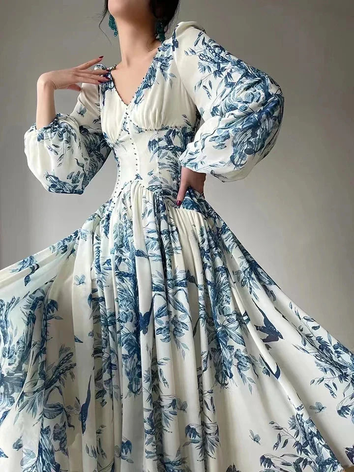 Floral Beaded High Waist A-Line Vintage Party Dress with Lantern Sleeves - Elegant Women's Fashion for Beach Holidays, Cocktail Parties & Special Occasions