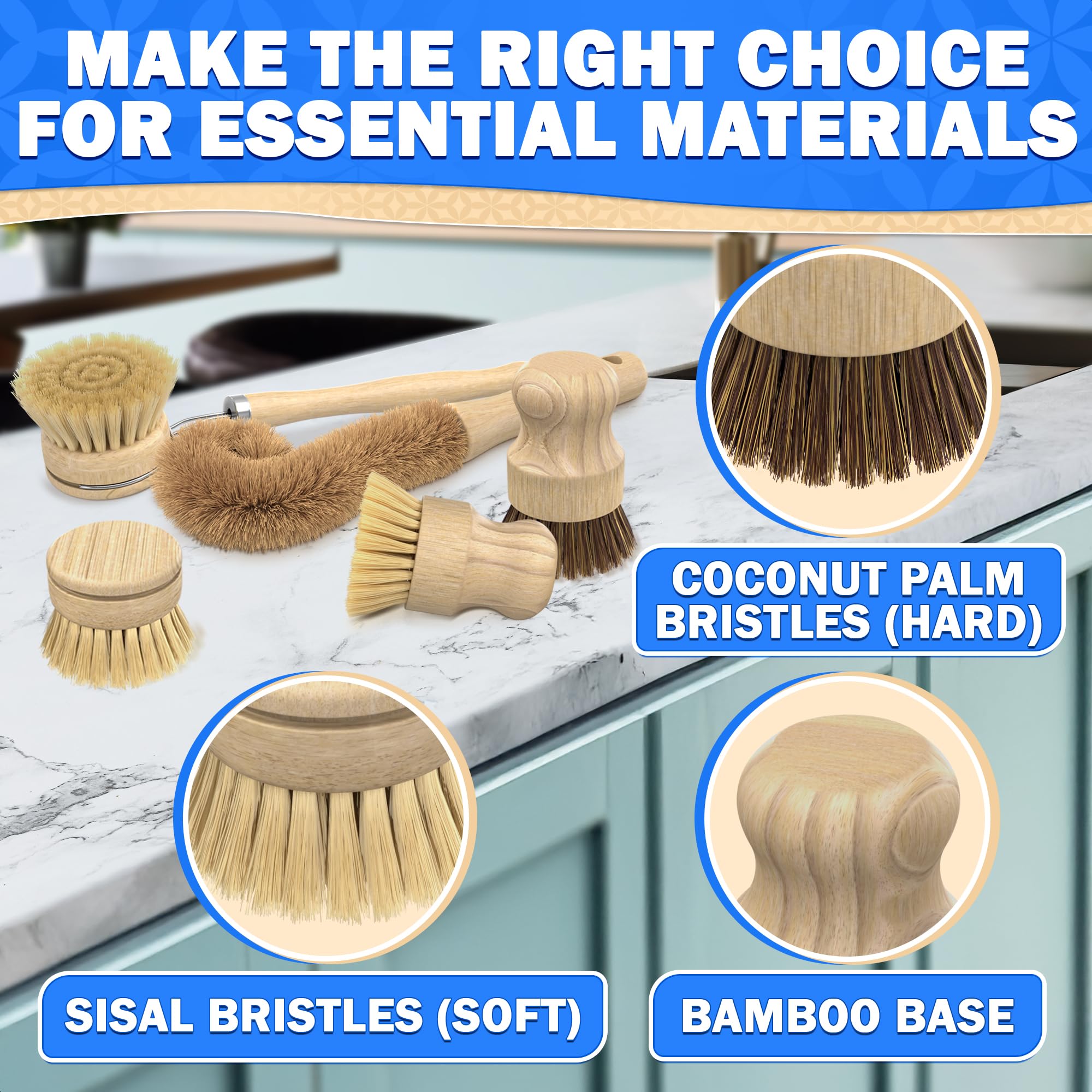 5Pcs Eco-Friendly Bamboo Dish Brush Set - Wooden Scrub Brush for Kitchen, Pots & Pans - Natural Dishwashing Brush with Ergonomic Handle - Perfect for Sustainable Cleaning & Zero Waste Lifestyle