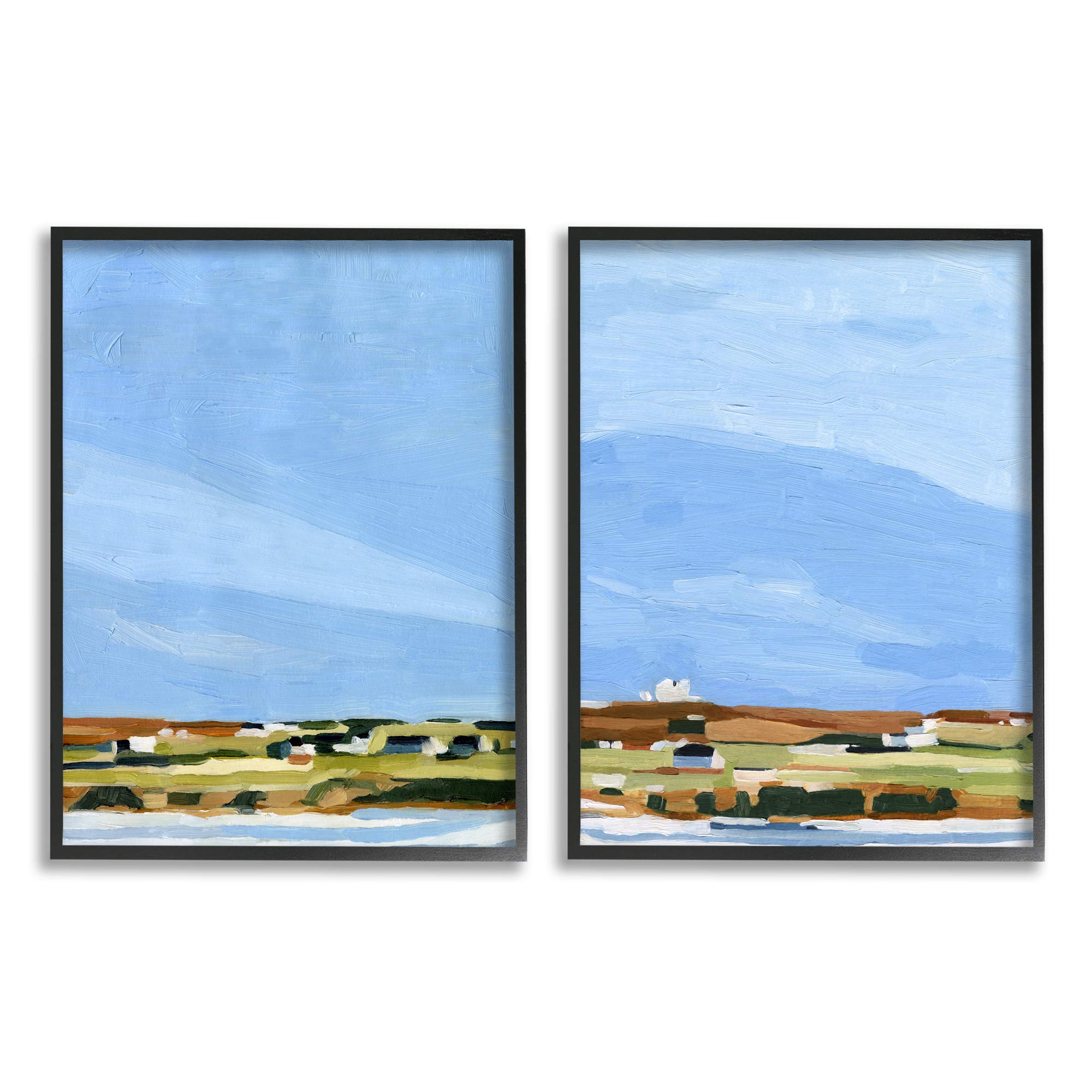 Stupell Industries Abstract Coastal Landscape Wall Art - Soft Blue & Green Seaside Town Painting by Emma Scarvey - Set of 2 Black Framed Canvas Prints (11x14 Inches Each) - Perfect for Living Room, Bedroom or Office Decor