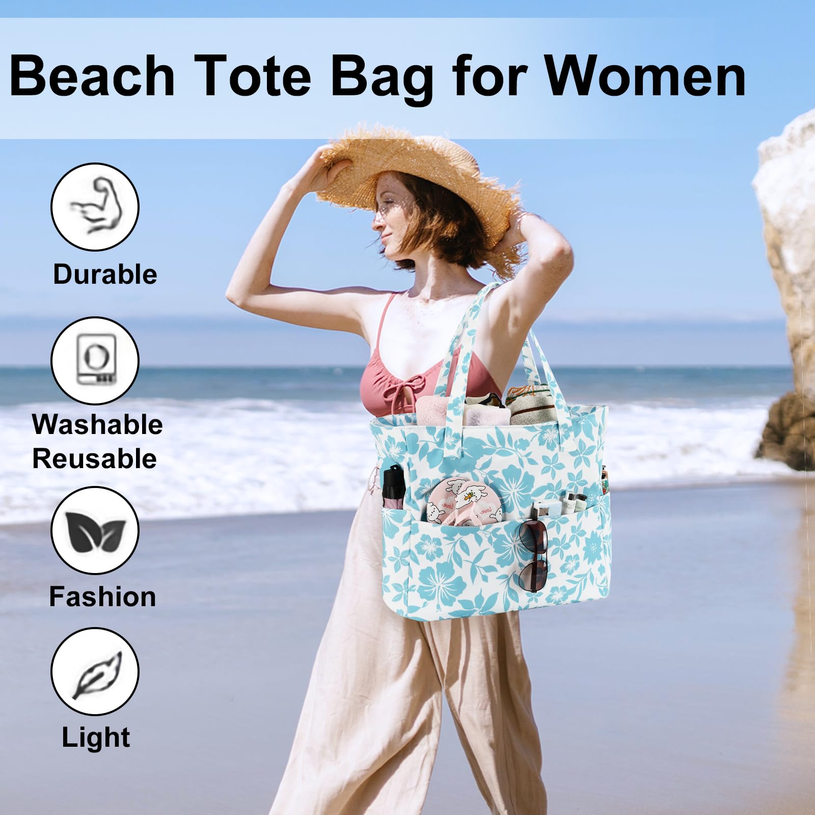 LEDAOU Large Waterproof Beach Tote Bag for Women - Sandproof Zippered Pool & Gym Bag with Wet Pocket - Perfect for Beach, Travel, Shopping & Groceries