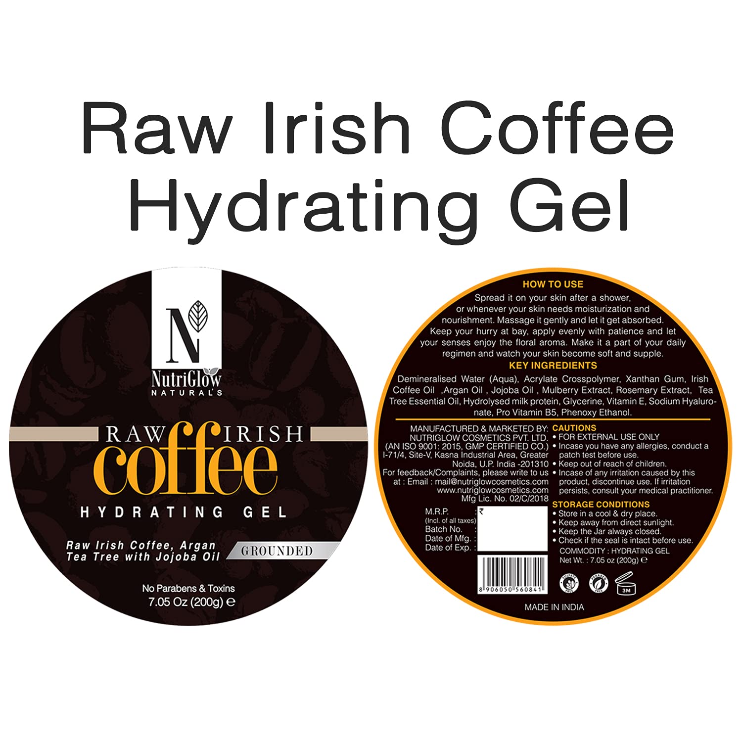 NutriGlow NATURAL'S Organic Raw Irish Coffee Hydrating Gel with Tea Tree & Jojoba Oil - Skin Brightening, Hydration & Glow - Paraben & Sulfate Free - 200g - Perfect for Daily Skincare Routine & Nighttime Hydration