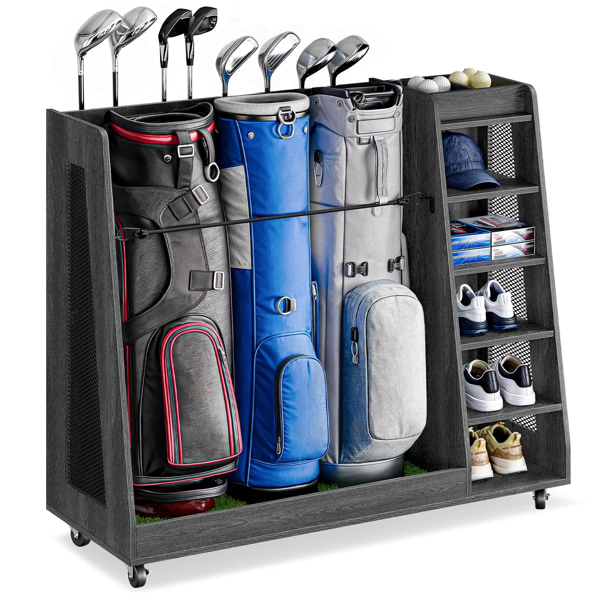 DWVO Wooden Golf Bag Stand Holder with Wheels - Garage Golf Storage Organizer for Golf Bags, Clubs, Balls & Accessories - Holds 2-3 Golf Bags - Perfect for Home, Garage & Golf Club Storage Solutions