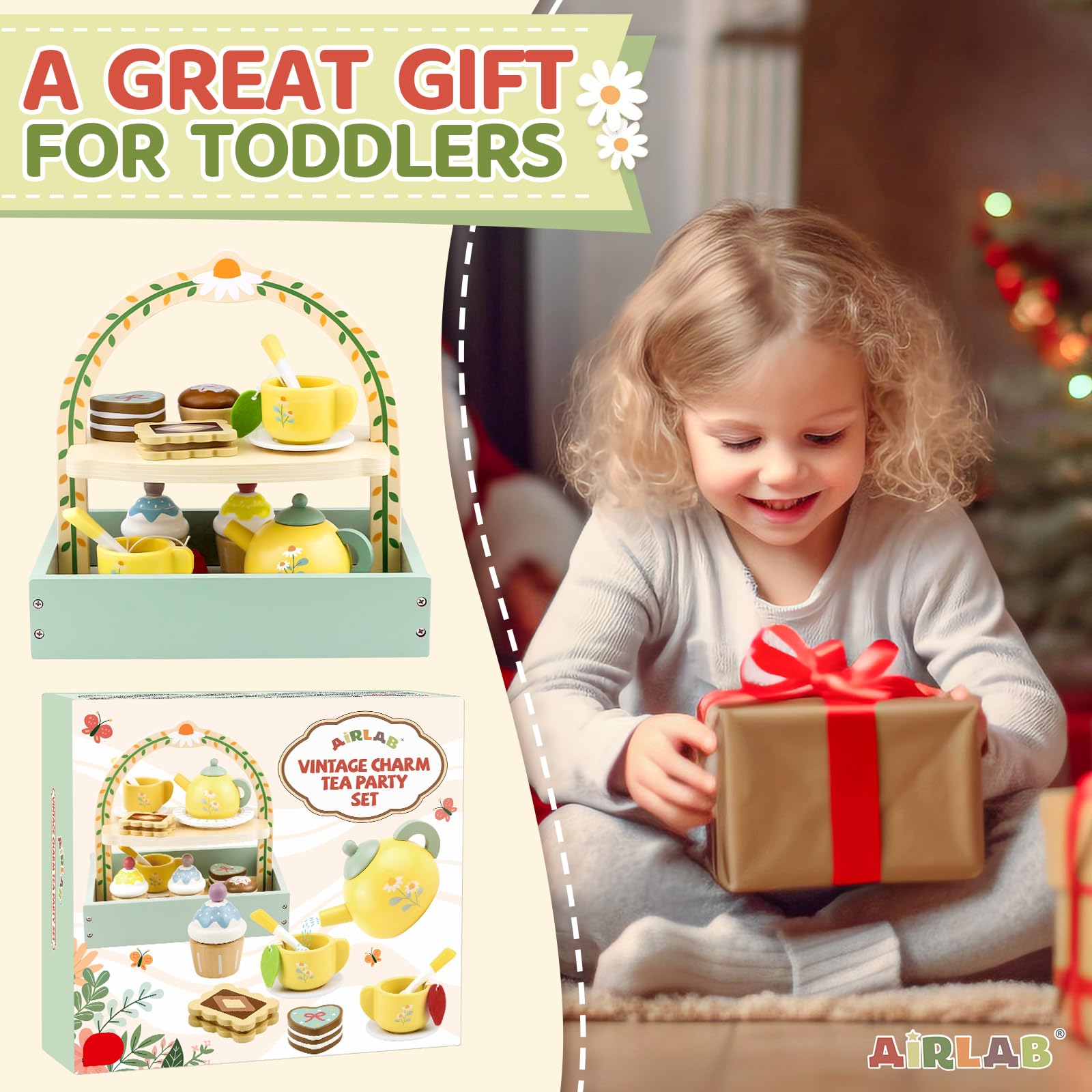 Wooden Tea Set for Kids Ages 1-6 | Pretend Play Kitchen Toy with Play Food & Cake | Princess Themed Toddler Playset for Boys & Girls | Perfect for Birthday Parties, Tea Time Pretend Play & Early Learning
