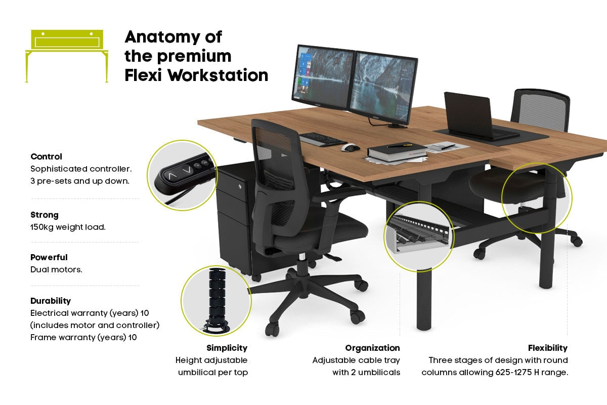 Flexi Premium Height Adjustable 2-Person H Bench Workstation - Black Frame [1800L x 700W] - Ergonomic Office & Home Workspace Solution for Shared Desks