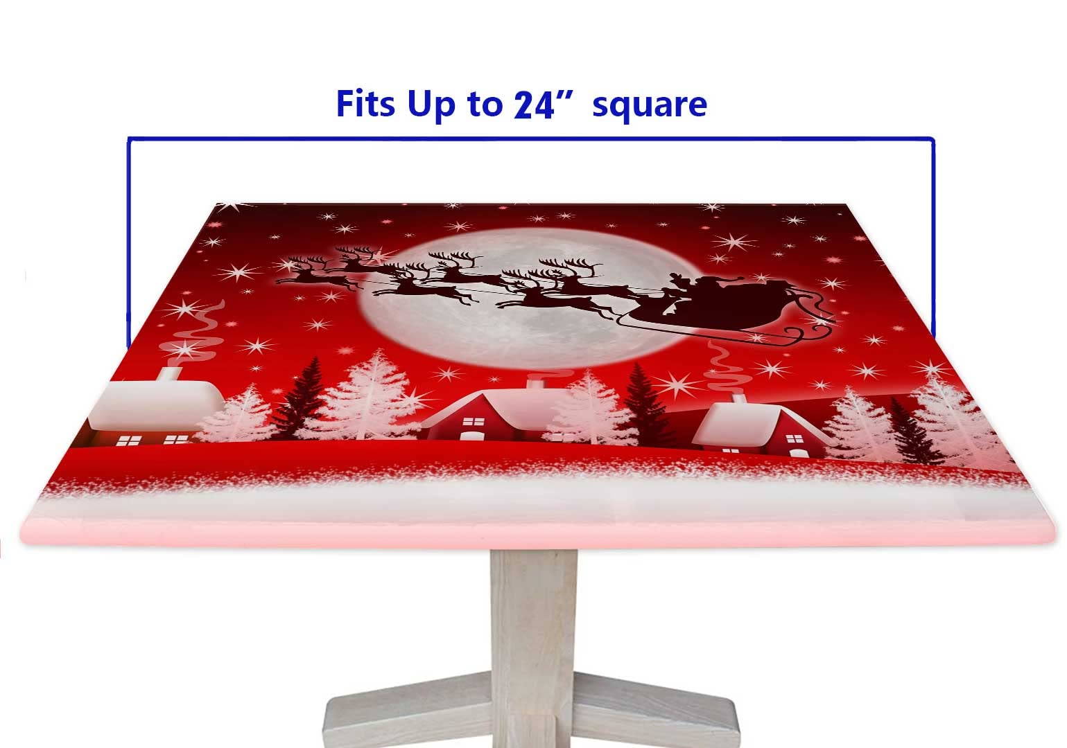 Red Santa & Reindeer Christmas Square Fitted Tablecloth - Polyester Elastic Edge Table Cover 24x24 Inch, Wrinkle & Dust Proof for Holiday Dining, Home Decor, Garden, Patio and Picnic Use