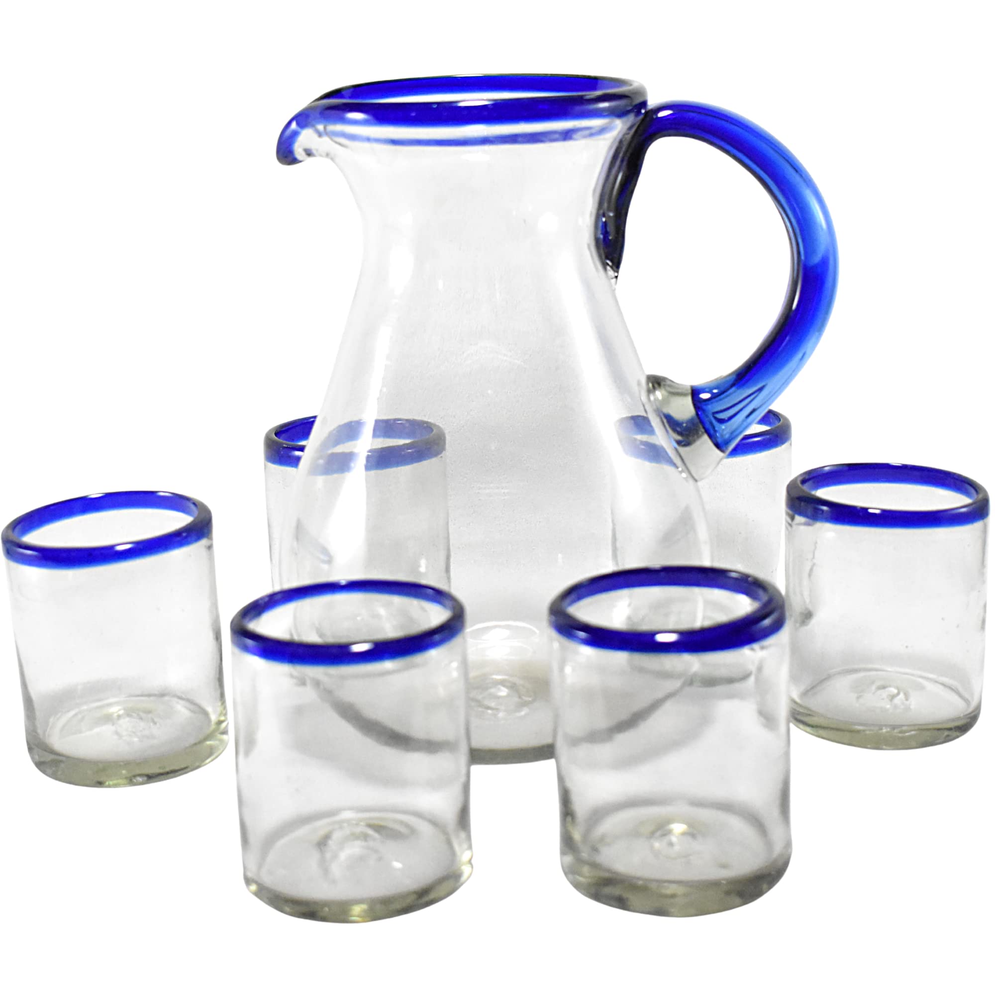 Handmade Mexican Blown Glass Water Tumblers with Cobalt Blue Rim - 6-Piece Set with Pitcher for Iced Tea, Lemonade & Summer Beverages