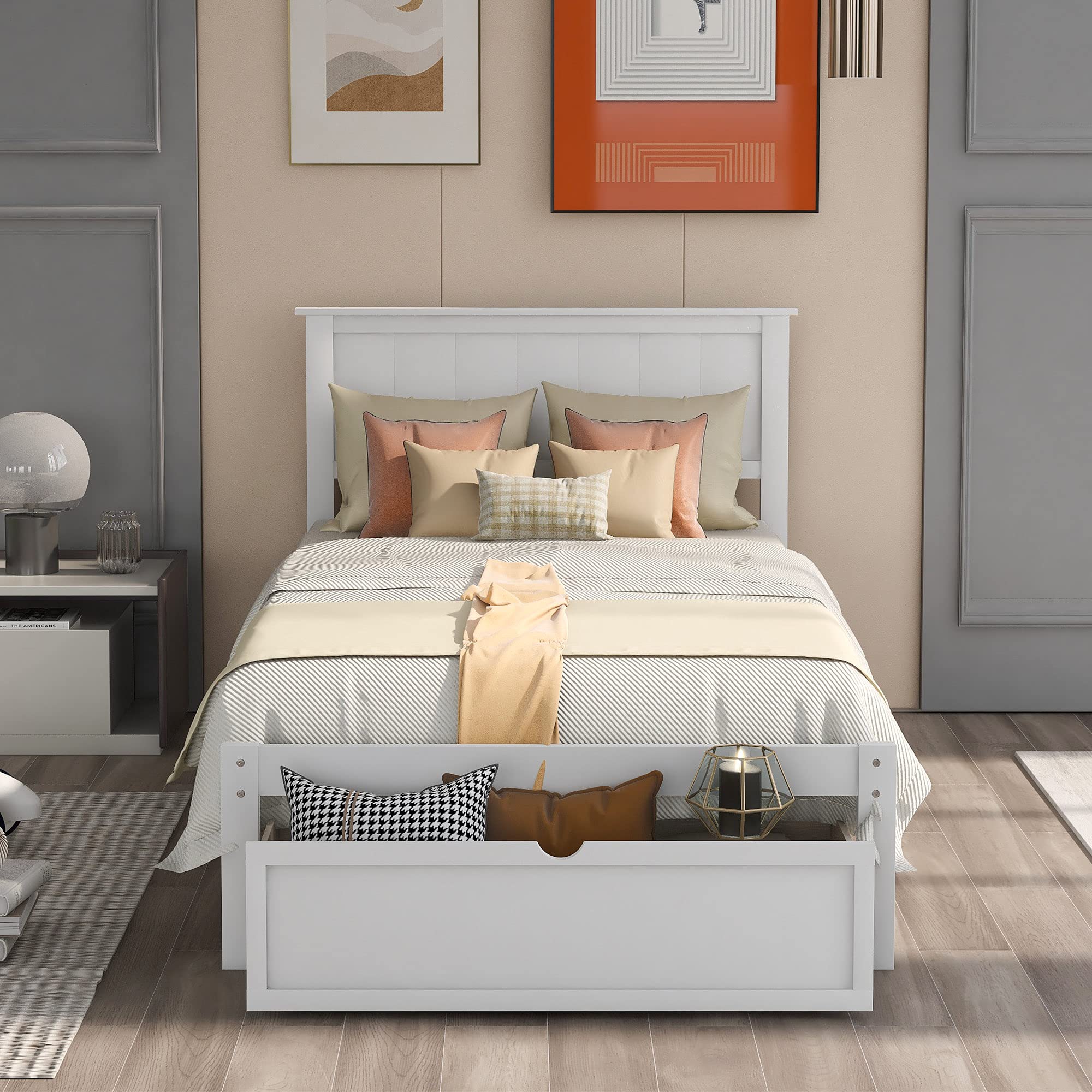 Twin Size Wood Platform Bed Frame with Storage Drawers & Headboard - No Box Spring Needed - Perfect for Kids Room, Guest Bedroom & Small Spaces (White)