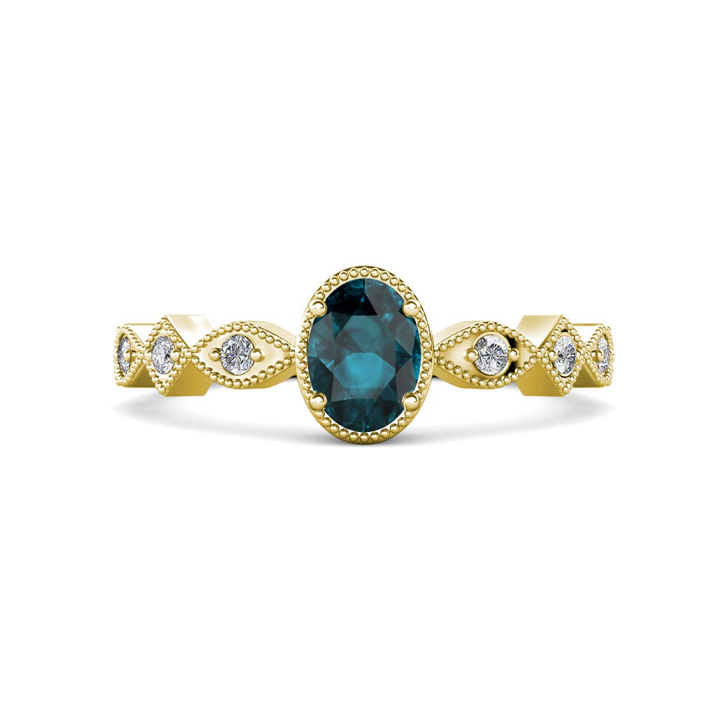 14K Gold Oval Cut London Blue Topaz & Natural Diamond Women's Engagement Ring - 1 ctw Marquise Square Milgrain Design for Weddings, Anniversaries & Special Occasions