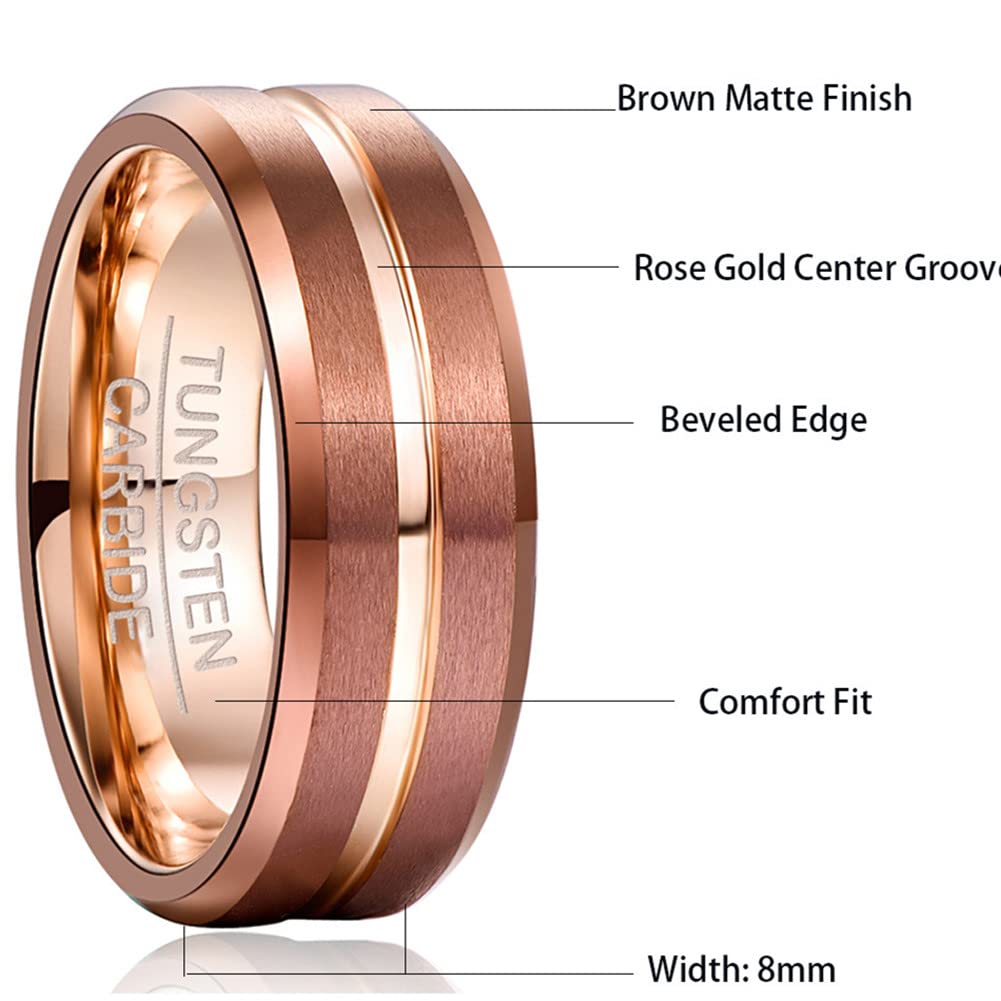 Tungsten Rings for Men - 8mm Rose Gold & Blue Grooved Wedding Band, Two Tone Black/Brown/Blue, Sizes 5-14 - Durable & Scratch Resistant for Everyday Wear, Wedding, Anniversary & Special Occasions