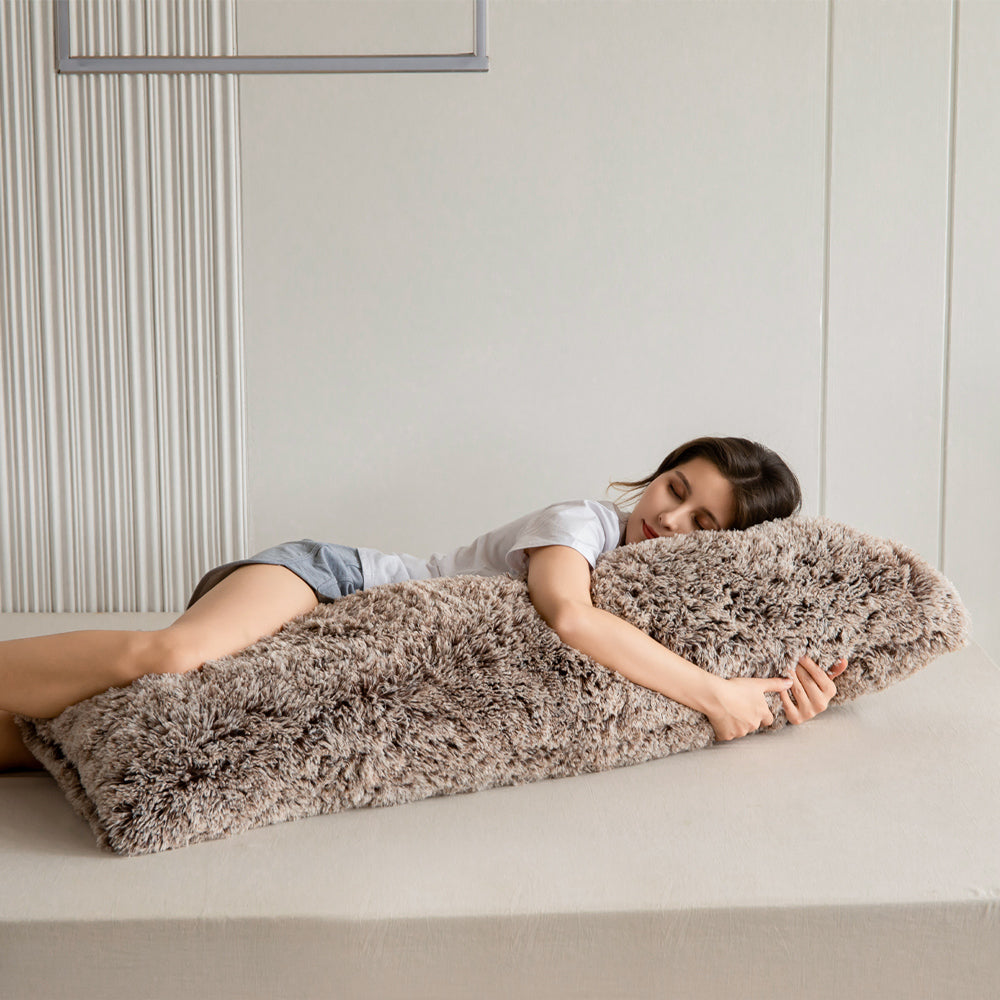 MAXYOYO Ultra Luxury Faux Fur Body Pillow with Memory Foam - 20x54 Inch Coffee Brown - Soft Hugging Pillow for Adults, Washable Cover - Perfect for Sleeping, Lounging & Pregnancy Support