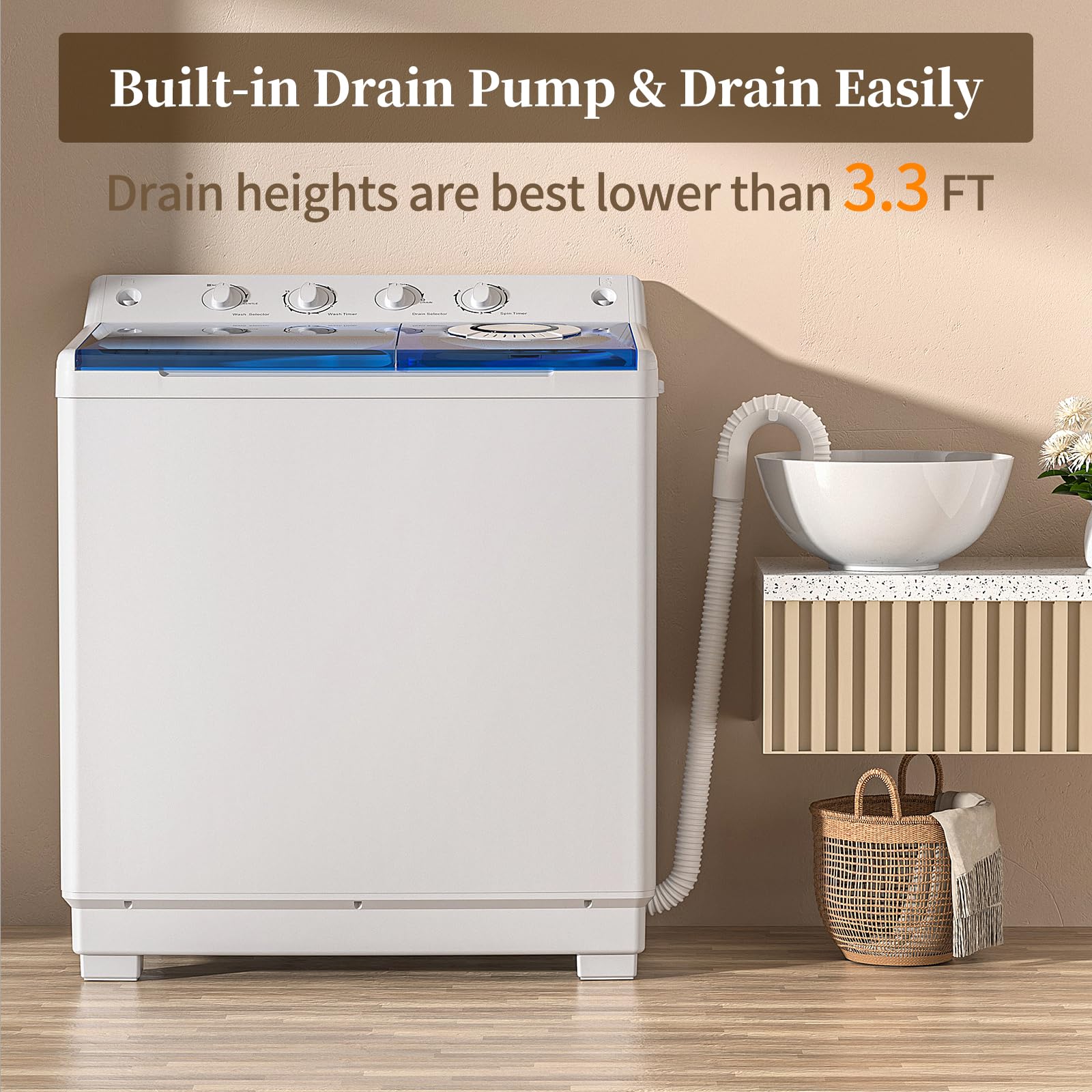 VCJ Portable Twin Tub Washing Machine - 40lbs Capacity Compact Laundry Washer & Spinner Combo (24Lbs Wash & 16Lbs Spin) for Apartments, RVs, Dorms - Perfect for Small Spaces & Travel Use
