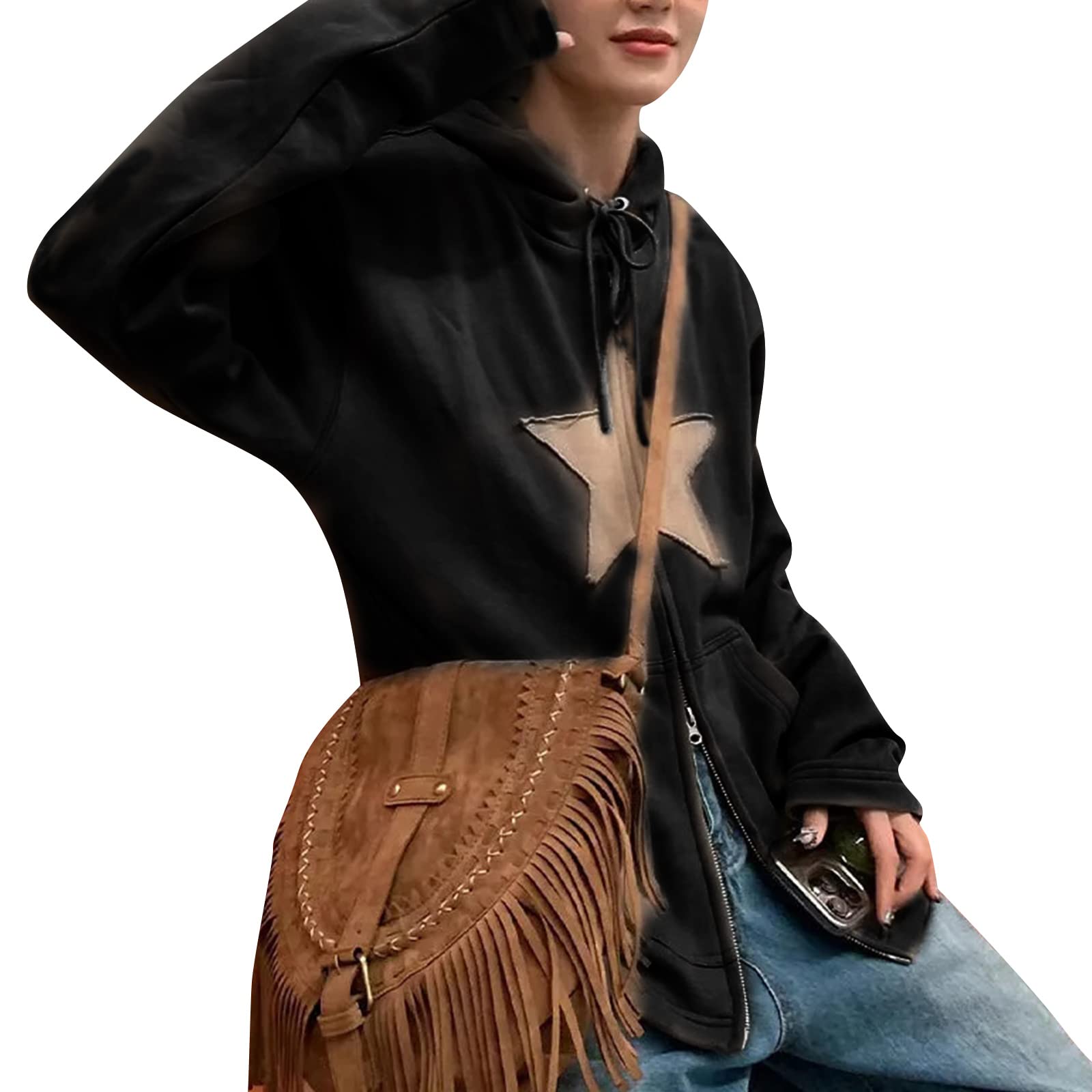 Y2K Vintage Star Print Zip-Up Hoodie for Women - Long Sleeve Loose Fit Hooded Jacket with Pockets | Casual Streetwear, Retro Fashion, Cozy Pullover Sweatshirt for Everyday Wear