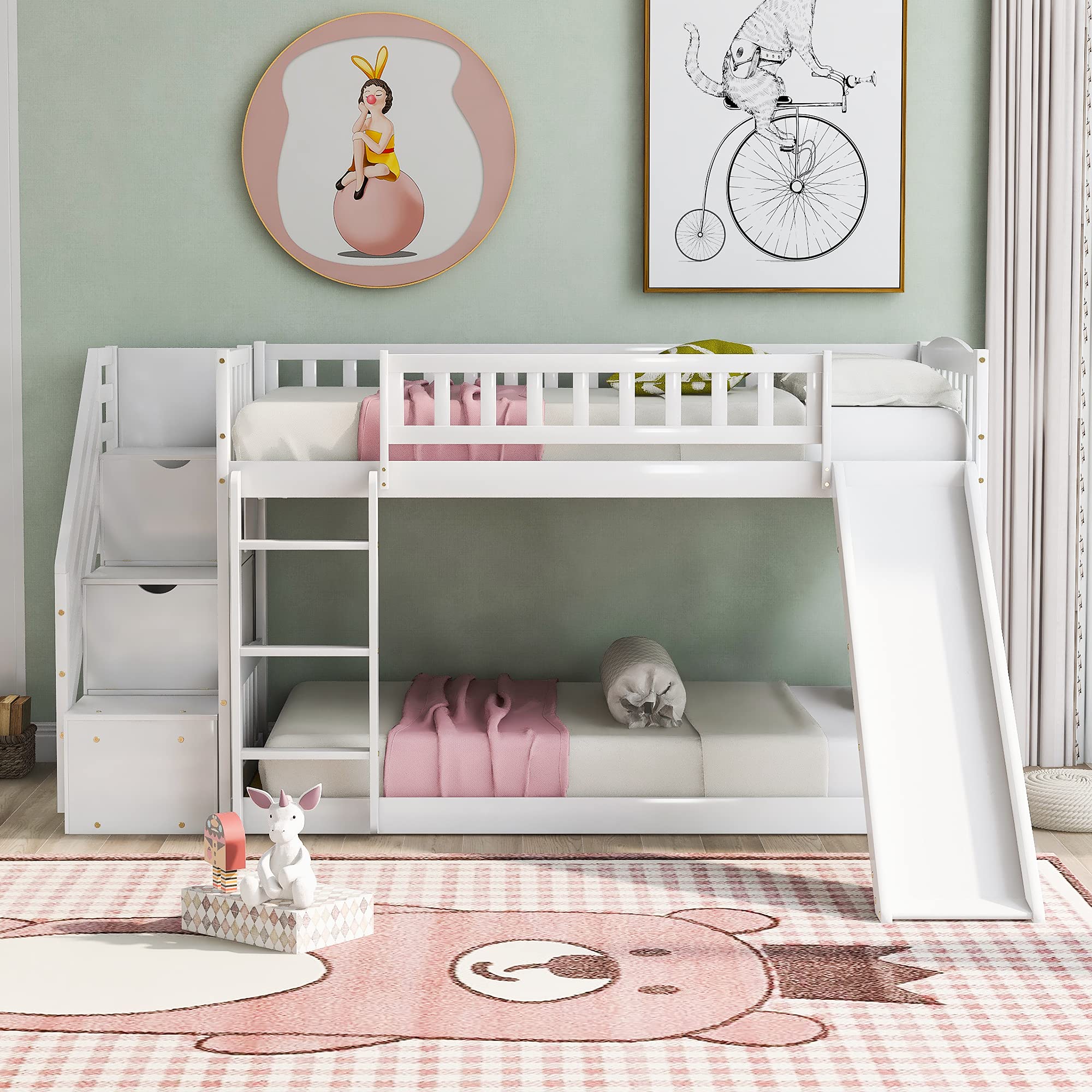 Twin Over Twin Bunk Bed with Storage Drawers & Staircase - Sturdy Wooden Loft Bed for Kids with Safety Guardrails - No Box Spring Needed, White - Perfect for Small Bedrooms, Shared Kids' Rooms & Space-Saving Solutions