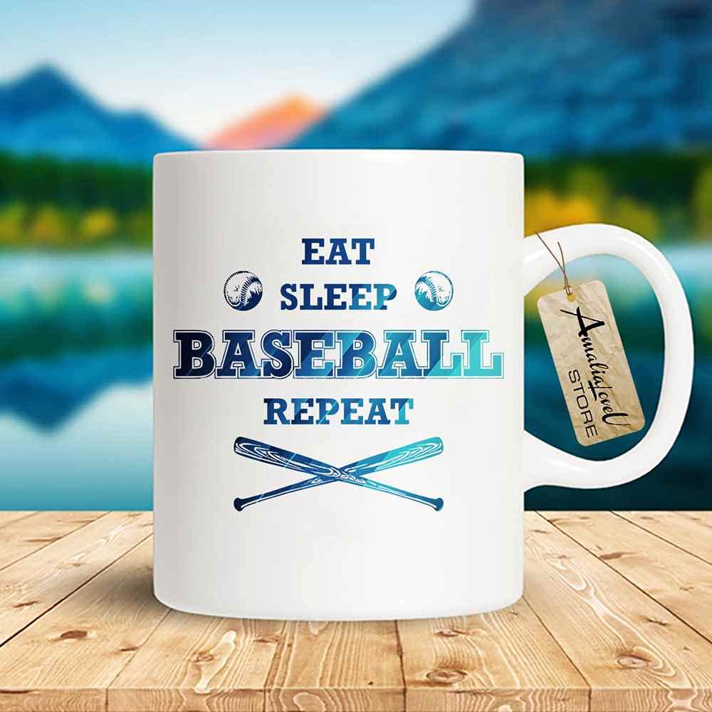 Baseball Coffee Mug - Eat Sleep Baseball Repeat - 11oz Ceramic Baseball Player Mug for Baseball Lovers, Funny Gift for Special Someone (White) - Perfect for Game Day, Office Use & Baseball Fan Gifts