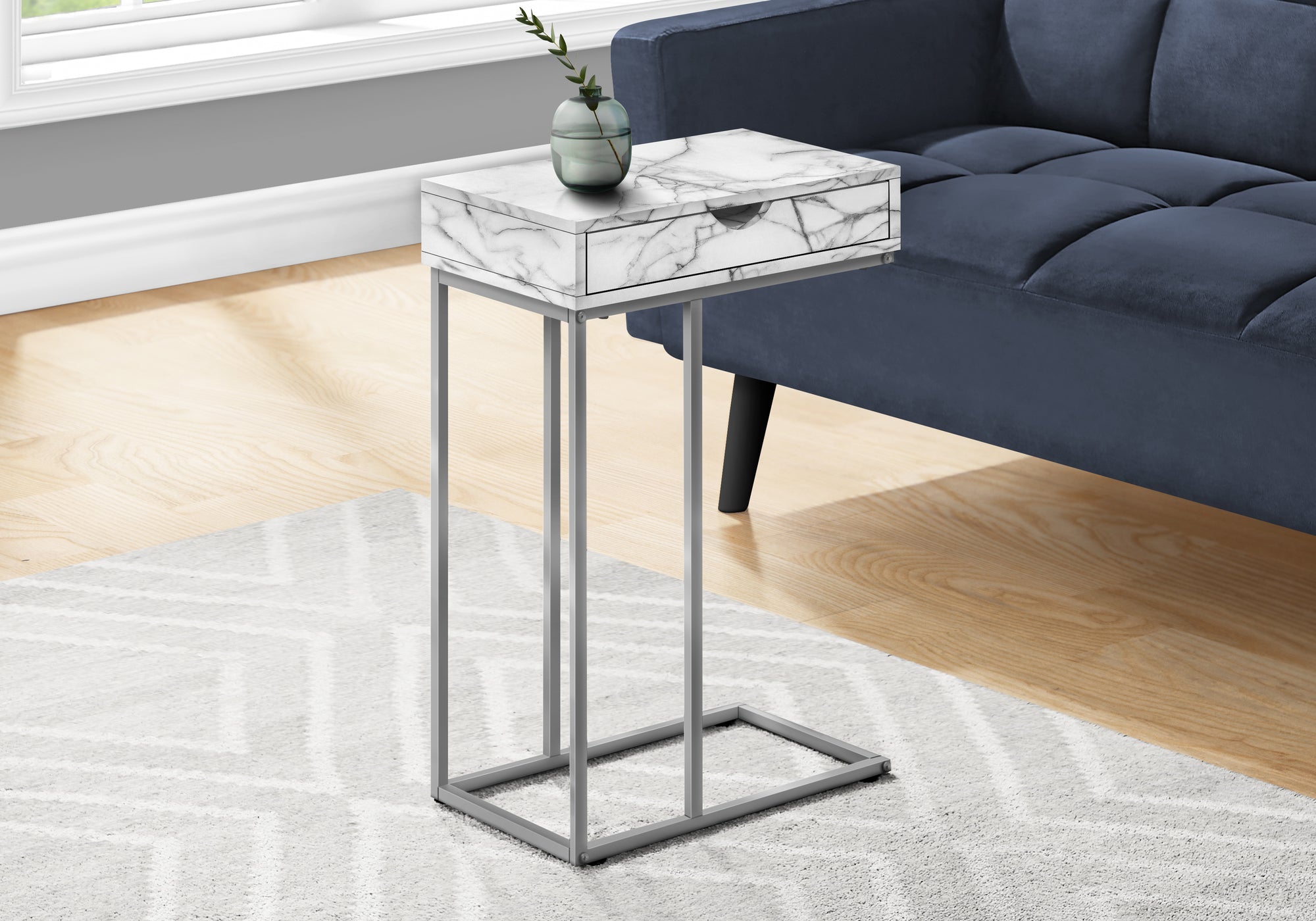 Modern Accent Table - 25 Inch Height, White Marble Top with Silver Metal Base - Perfect for Living Room, Bedroom, or Entryway Decor