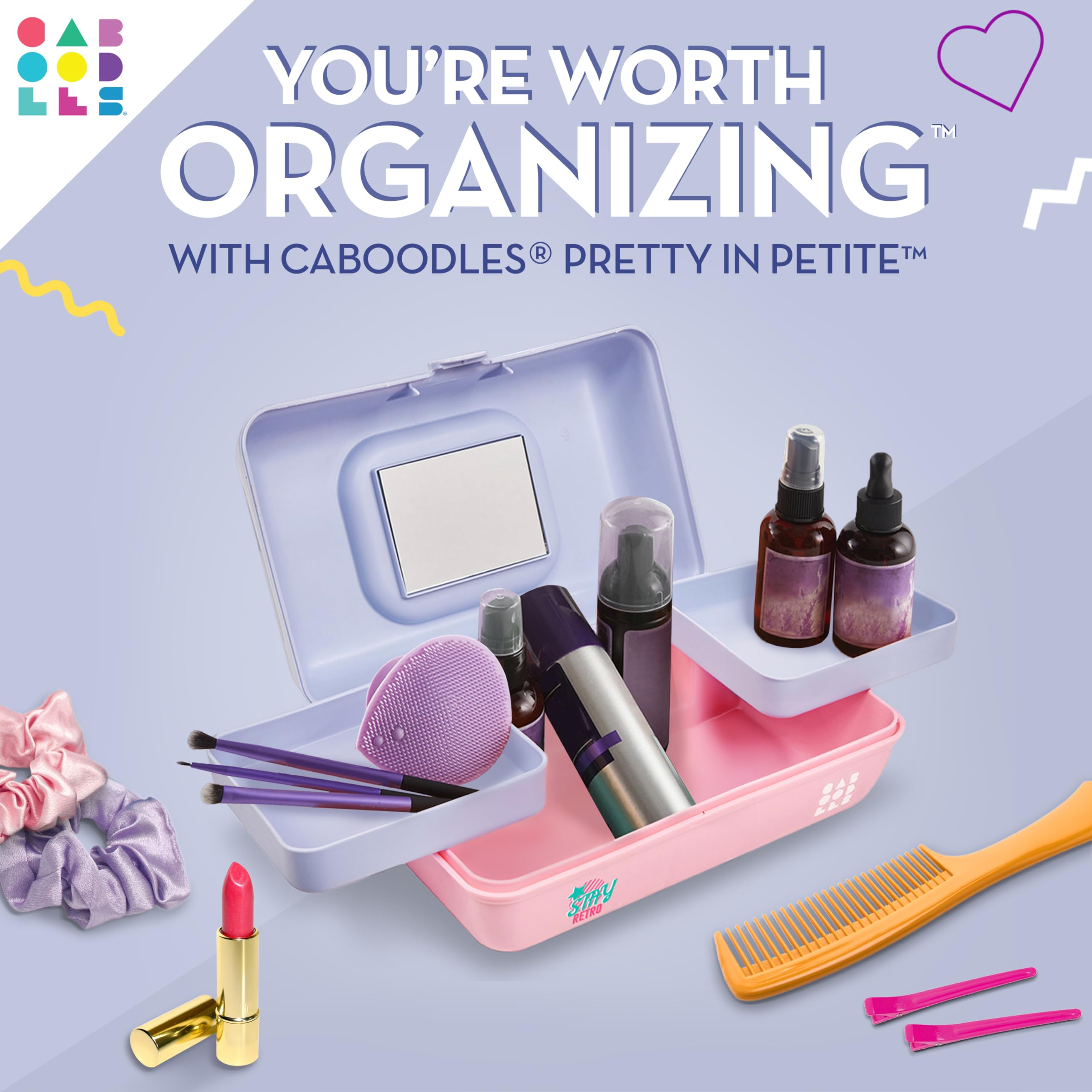 Caboodles Pretty in Petite Makeup Box - Two-Tone Periwinkle on Pink Hard Plastic Cosmetic Organizer with 2 Swivel Trays & Fashion Mirror | Travel-Friendly Secure Latch | Perfect for Travel, Home Vanity & On-the-Go Makeup Storage
