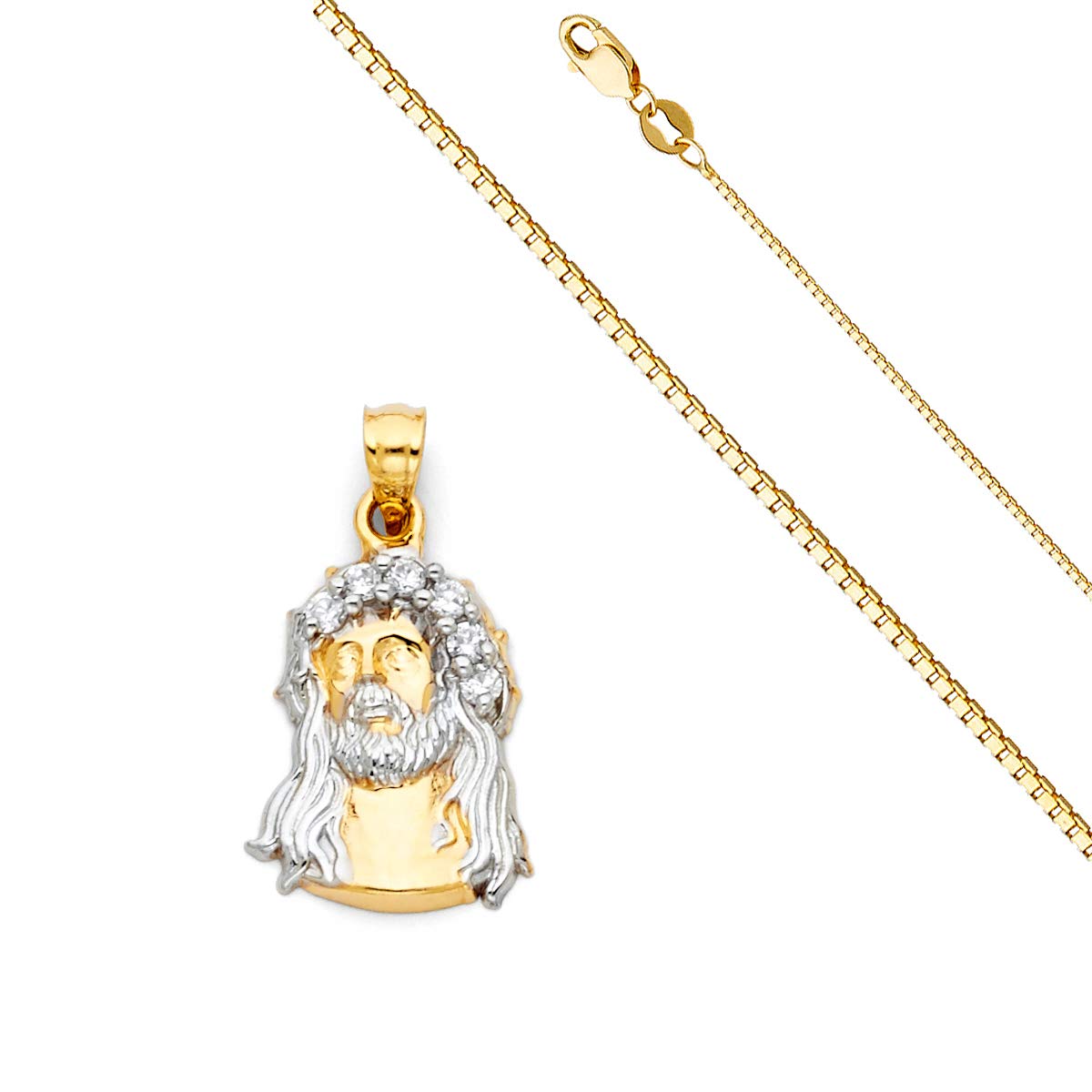 14K Two Tone Gold Jesus Face Religious Pendant Charm with 1mm Box Chain Necklace - Perfect for Baptism, First Communion & Spiritual Gifts