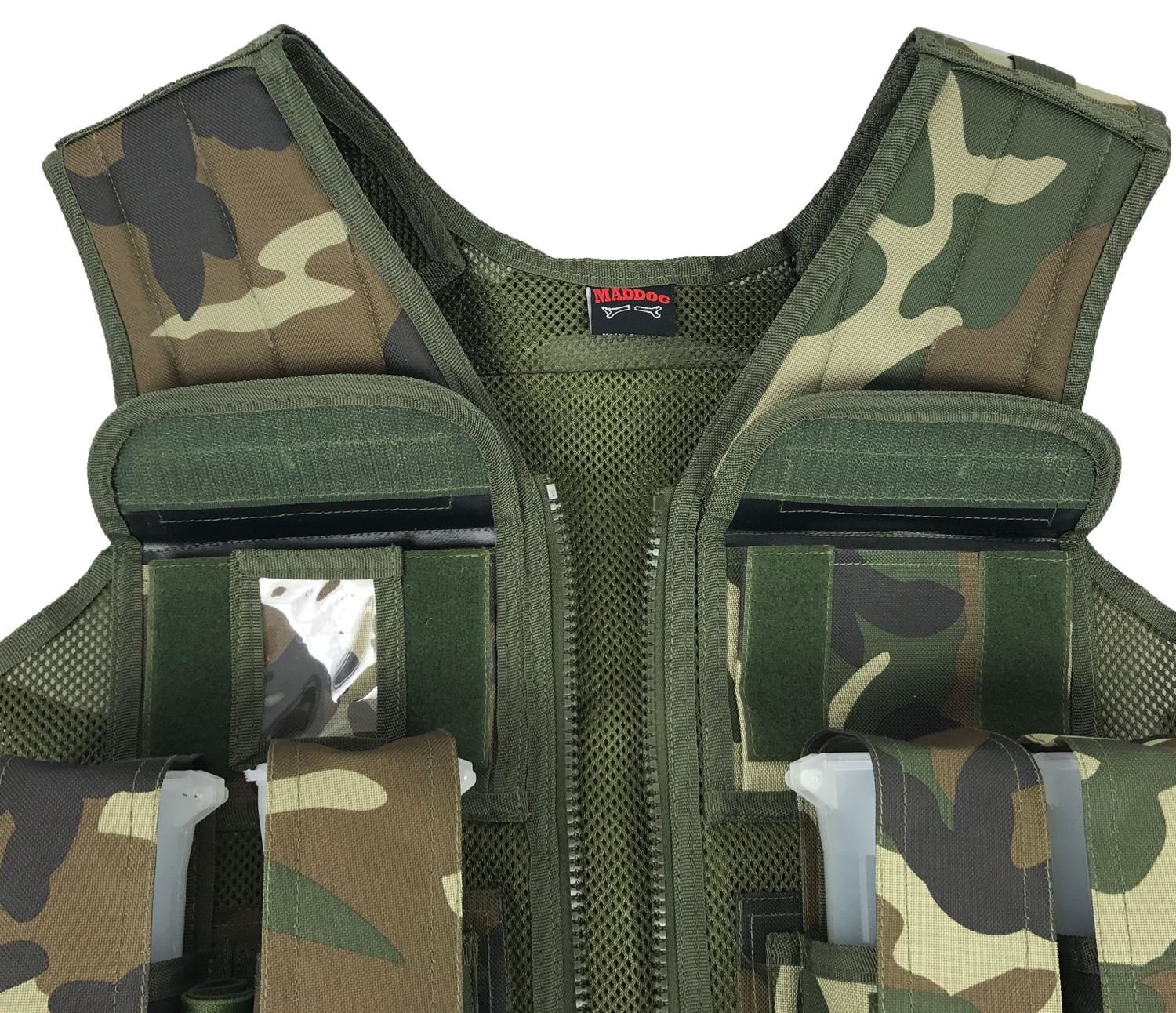 Maddog Tactical Paintball Battle Vest - Woodland Camo Airsoft Vest for Outdoor Sports, Hunting & Military Simulation | Adjustable Molle System & Durable Nylon Construction