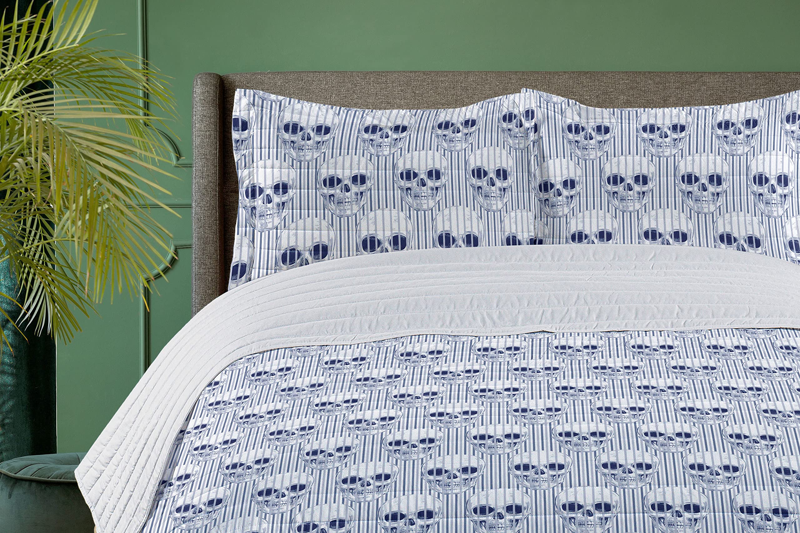 Ambesonne Skull Microfiber Bedspread Set - Queen Size Navy Blue & White Skull Print Bedding with Pillow Shams & Comforter - Geometric Pattern Optical Illusion Design - Soft Luxury Bedroom Decor for Gothic, Halloween or Modern Home Theme