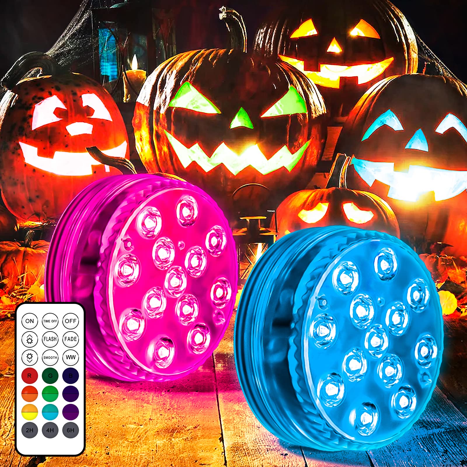 LOFTEK Submersible LED Lights - Waterproof Halloween Pumpkin & Pool Decorations, Color Changing Underwater Lights with Magnets & Suction Cups, Battery Operated for Ponds, Fountains, and Indoor Aquariums