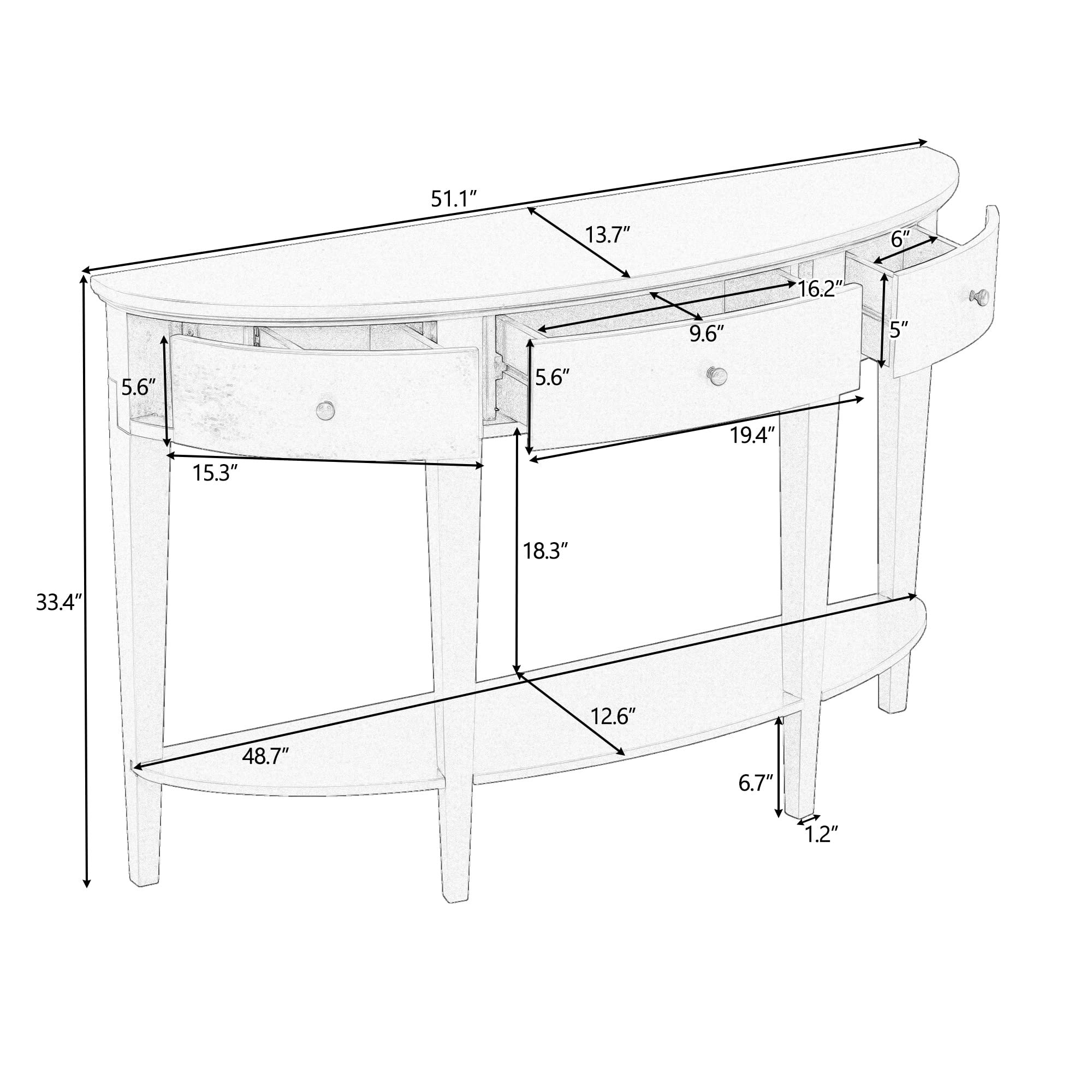 Modern Curved Console Table with 3 Drawers & Shelf - Sofa Table for Hallway, Entryway, Living Room - Sturdy Black Wooden Entry Table for Home Decor & Storage