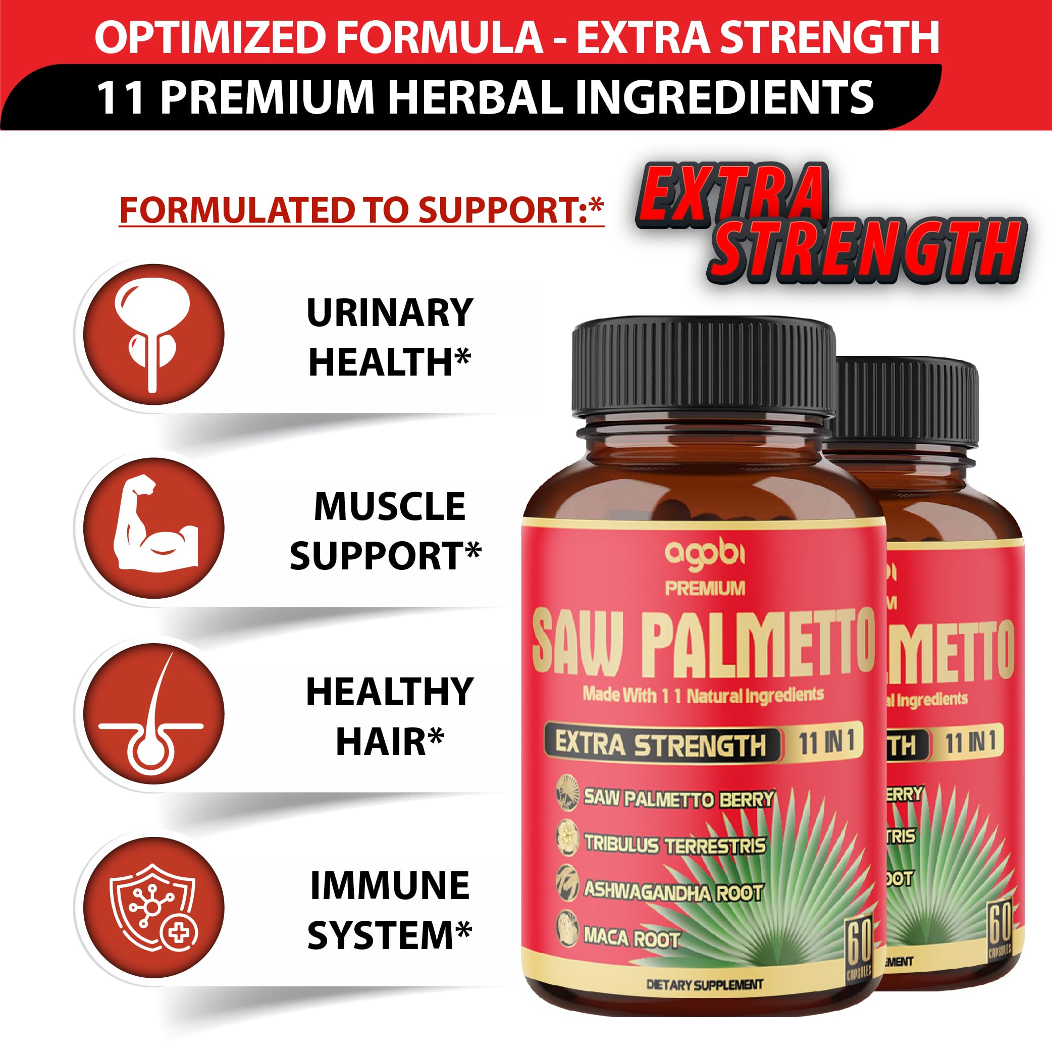2 Packs (60 Counts, 4 Months Supply) 5300mg Saw Palmetto Capsules with Ashwagandha, Turmeric, Tribulus & Maca - 11-in-1 Prostate Support Supplement for Men - Promotes Skin Health & Immune System - Perfect for Daily Wellness Routine & Active Lifestyle
