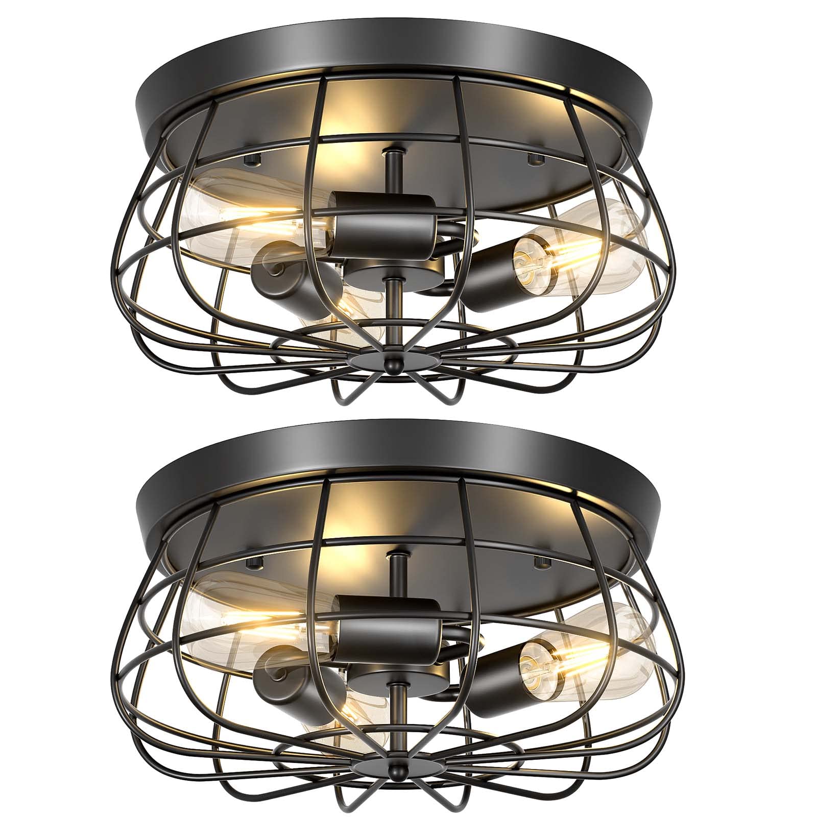 Vintage Semi Flush Mount Ceiling Light Fixture - 2 Pack Industrial Metal Cage Design with 3 E26 Bulb Sockets - UL Listed for Bedroom, Kitchen, Dining Room & Living Room Lighting - Perfect for Farmhouse, Loft and Industrial Style Home Decor