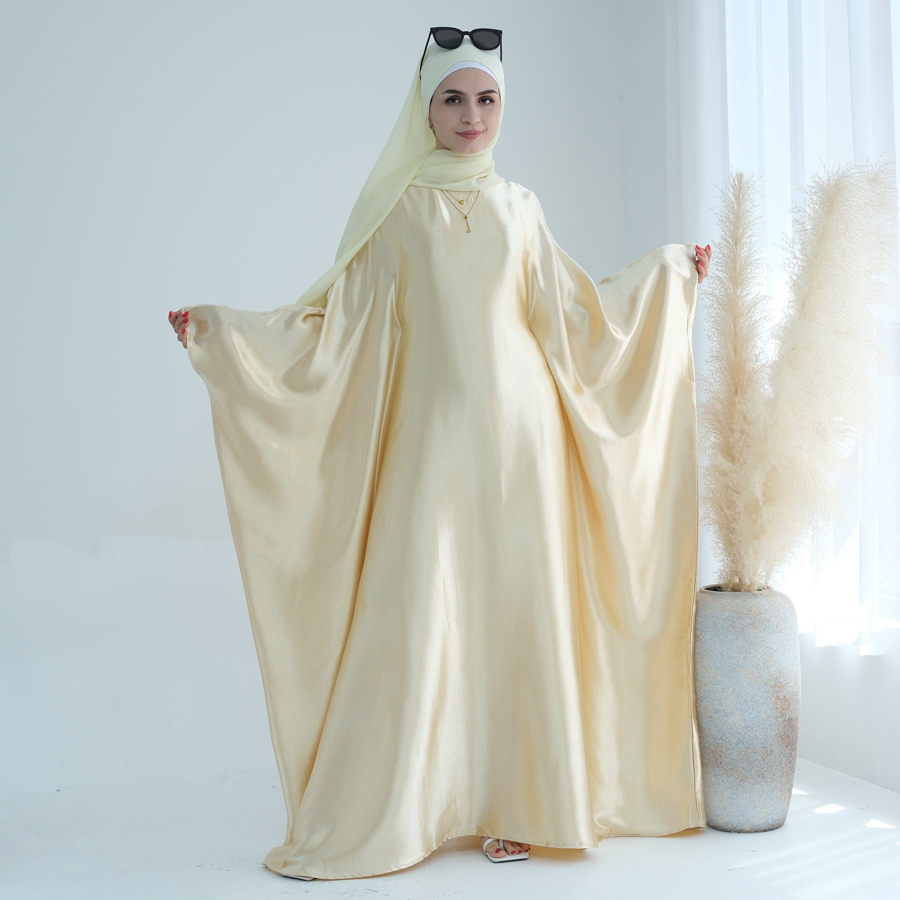 Elegant Alisha Butterfly Satin Abaya Dress - Yellow Gold Islamic Prayer Gown for Women | Perfect for Eid, Ramadan, Wedding & Special Occasions