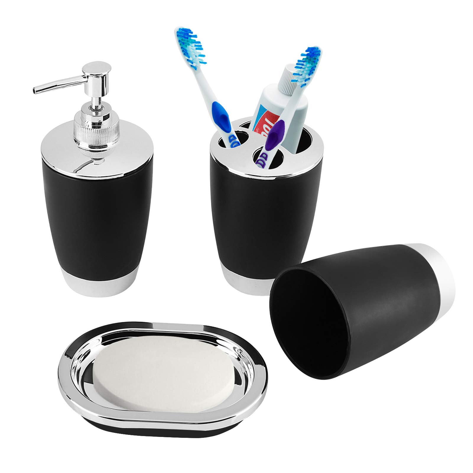 4-Piece Plastic Bathroom Accessories Set - Toothbrush Holder, Soap Dispenser, Soap Dish & Cup - Modern Black Bathroom Organizer for Home & Hotel Use