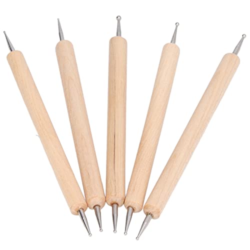 5Pcs Double-End Ball Stylus Pen Set - Stainless Steel Dotting & Creasing Tools for Painting, Engraving, Leather Craft, and DIY Projects | Beech Wood Handle Tracing Pens for Artists & Crafters