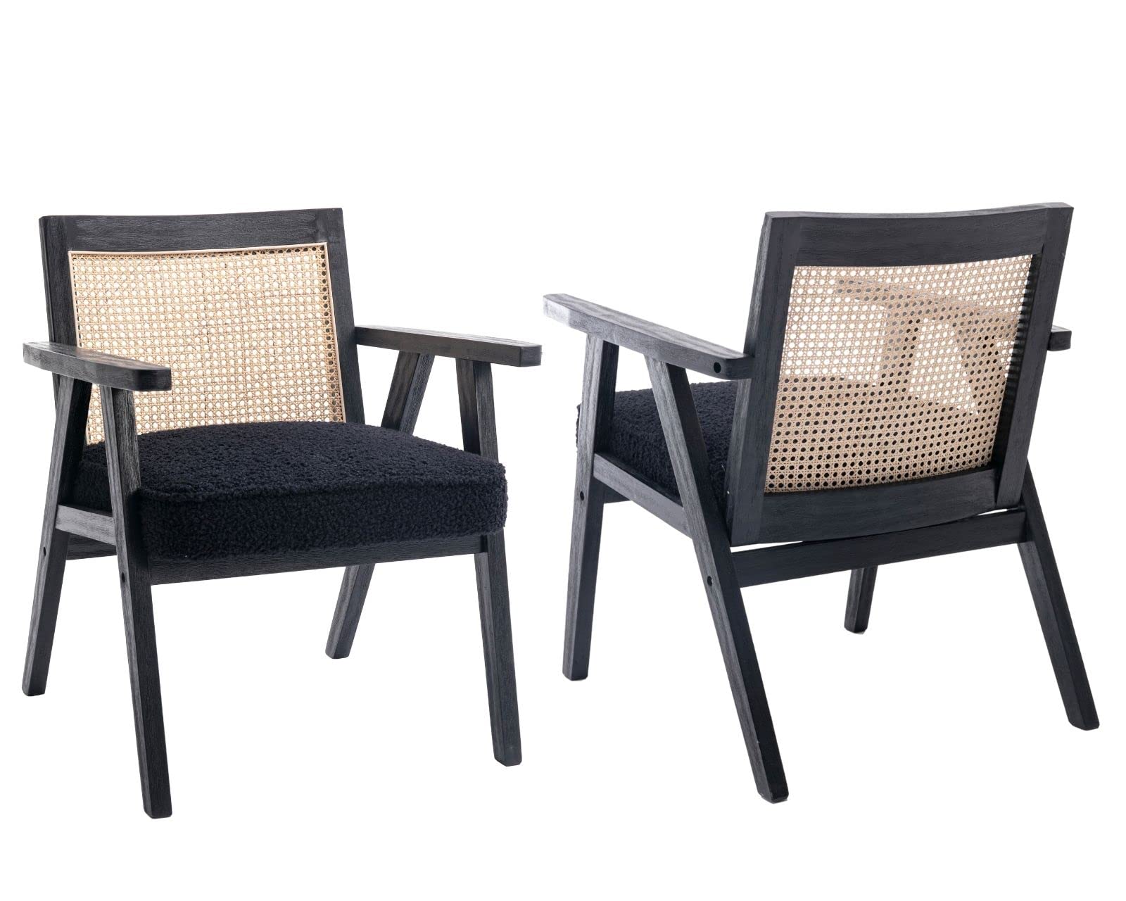 Modern Rattan Accent Chairs Set of 2 - Boho Style Cane Back Armchairs with Black Boucle Sherpa Upholstery, Oversized Cozy Reading Chairs with Wood Frame for Living Room, Bedroom, Nursery or Office - Perfect for Relaxing, Reading and Home Decor
