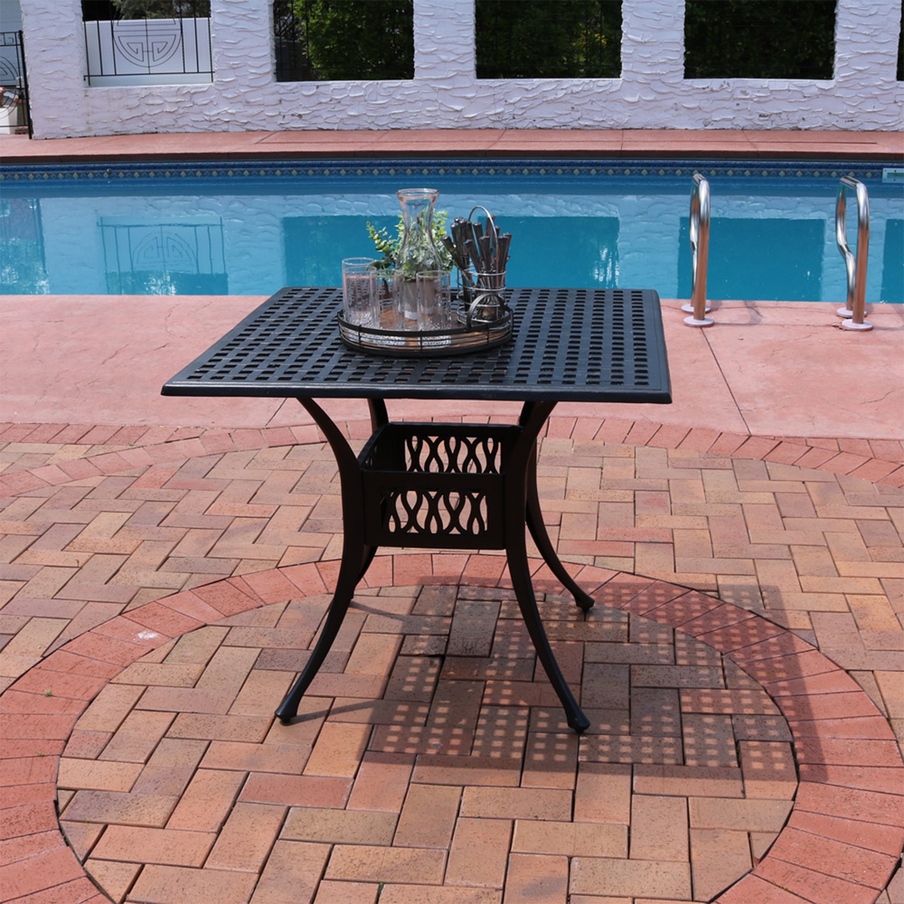 Sunnydaze Black Cast Aluminum Square Outdoor Dining Table 35 Inch - Perfect for Patio, Garden, and Backyard Entertaining