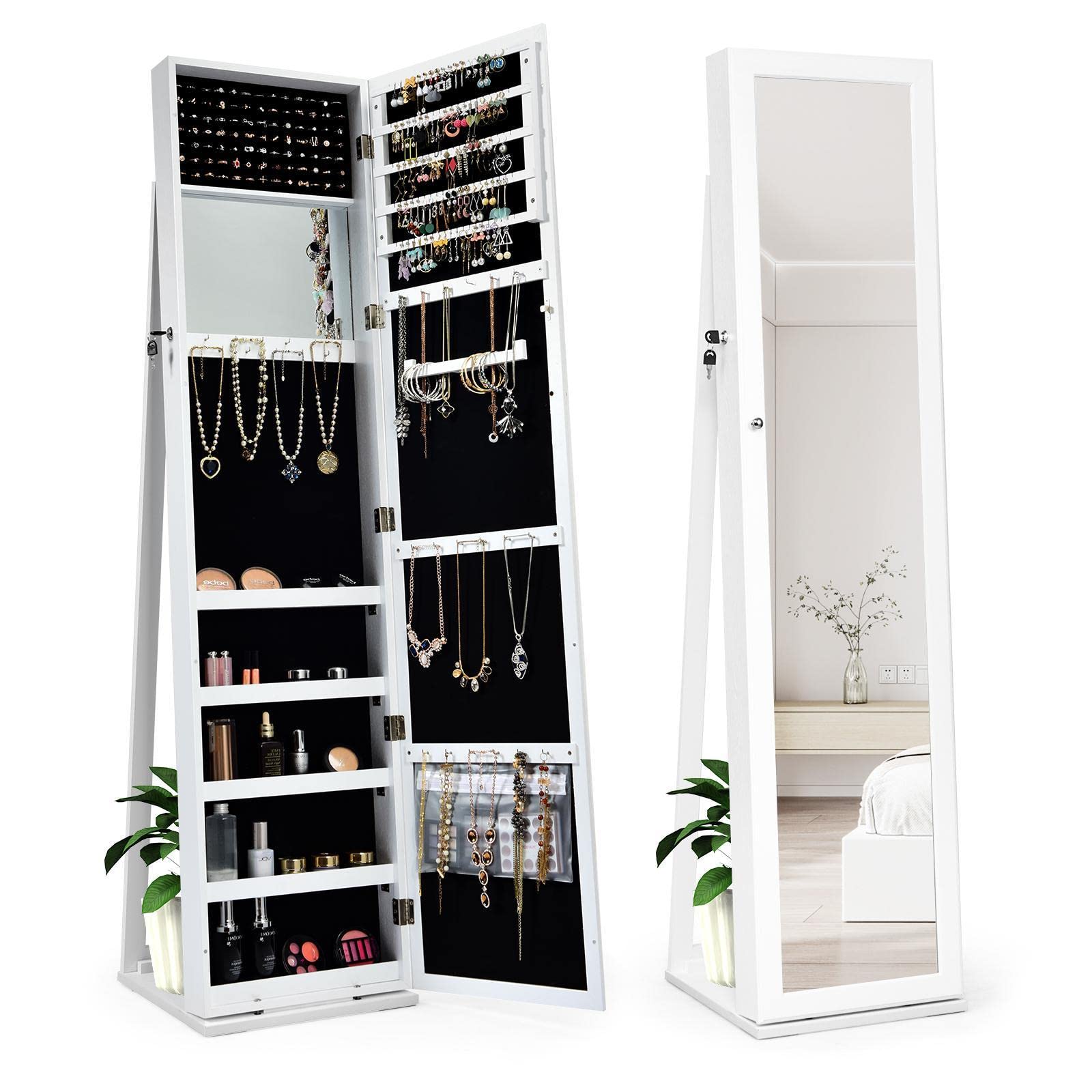 FANTASK Full Length Mirror Jewelry Cabinet with Lock - Free Standing Jewelry Armoire Organizer with Makeup Mirror, Large Storage & Stable Base - White Vanity Dresser for Bedroom, Closet & Bathroom Organization