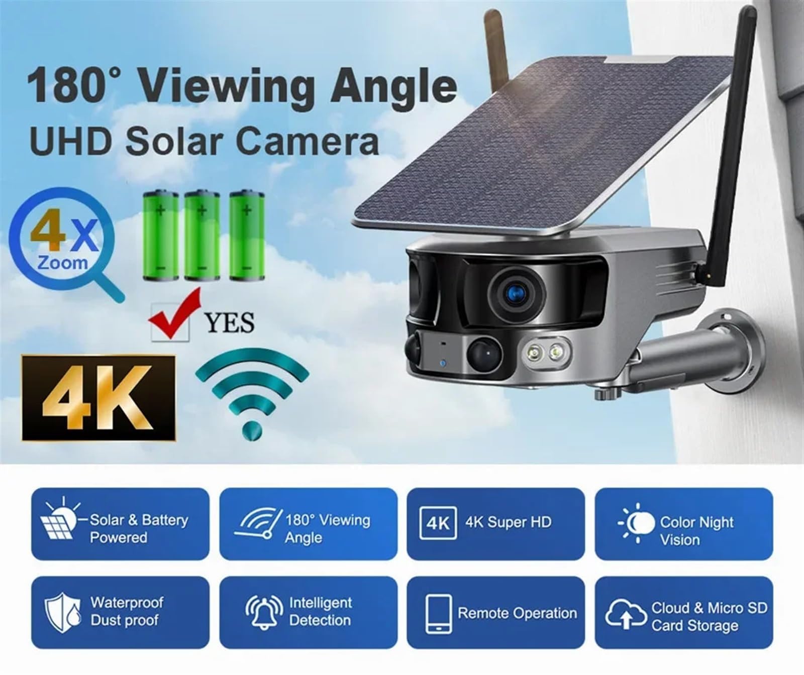 4K 8MP Wireless Outdoor Security Camera with Dual Lens, 4G Solar Power, 180° Ultra Wide View, PIR Human Detection & 4X Zoom - Ideal for Home Security, Night Vision Monitoring (4G No Card Required) - Perfect for Backyard, Garage & Driveway Surveillance